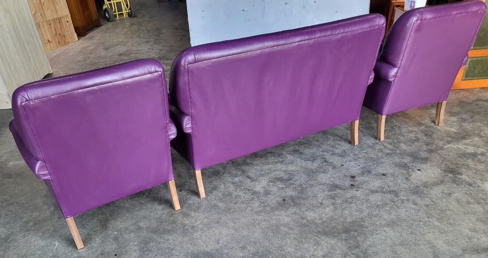 Antique Repro Leather 2 Seat Sofa 2 X Armchairs Wood Legs photo vintage