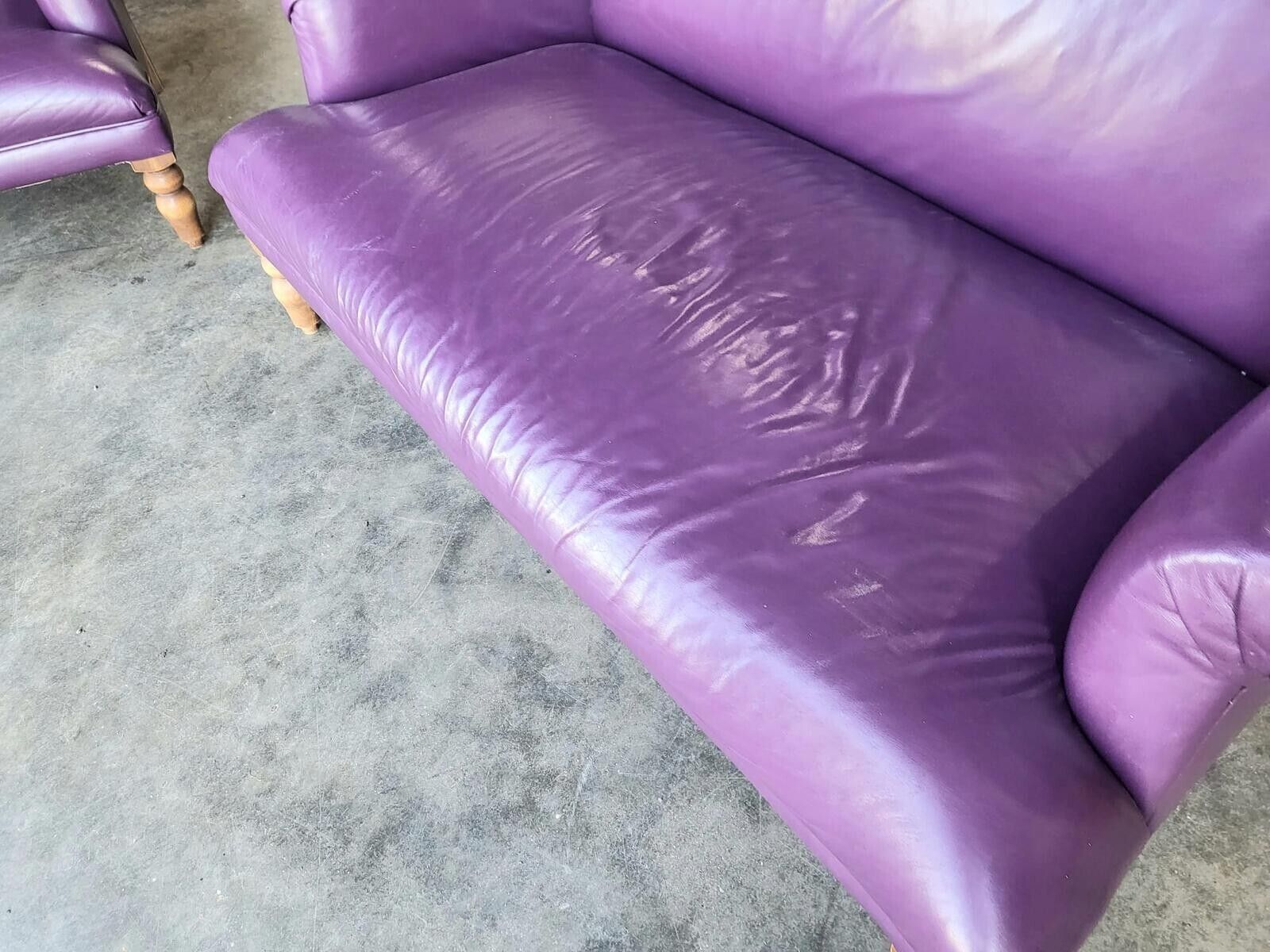 photo vinterior Antique Repro Leather 2 Seat Sofa 2 X Armchairs Wood Legs