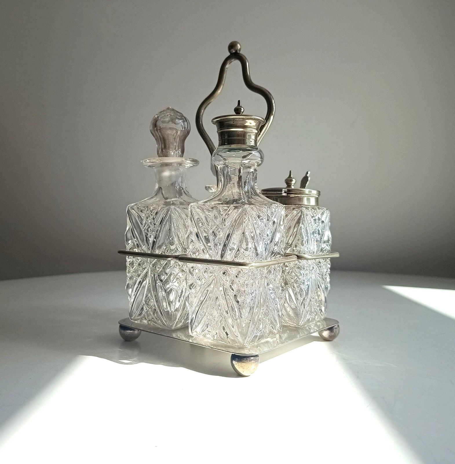 Antique Silver Plate Cruet Stand & 4 Cut Glass Condiment Bottles, England, Circa 1915 photo Home Decor