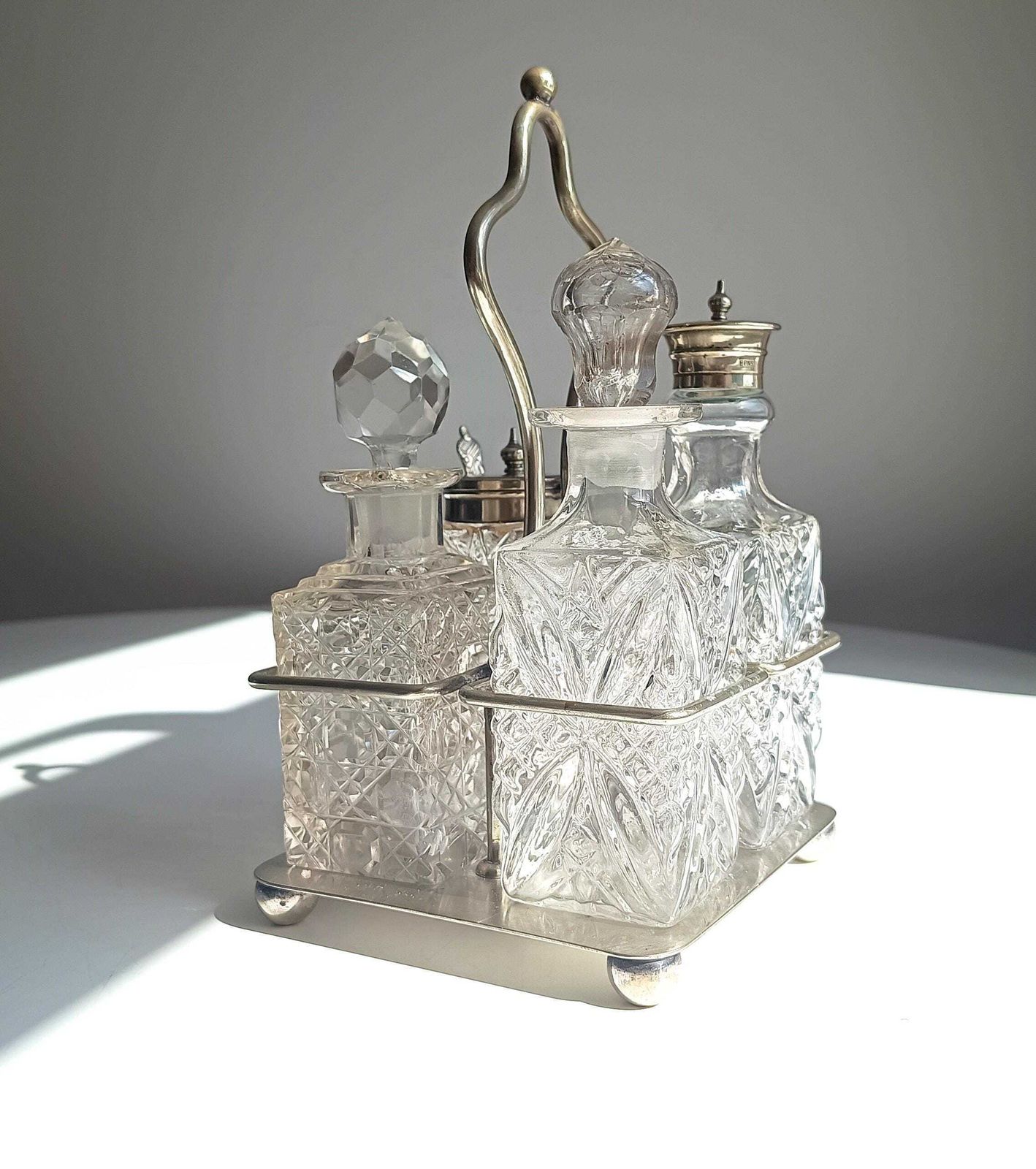 Antique Silver Plate Cruet Stand & 4 Cut Glass Condiment Bottles, England, Circa 1915 photo 115.0