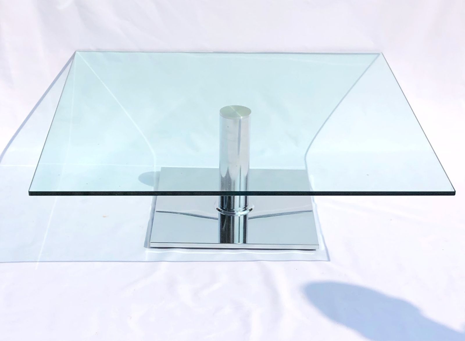 Contemporary Square Glass Coffee Table With Polished Chrome Pedestal –  Modern Design 90cm photo furniture