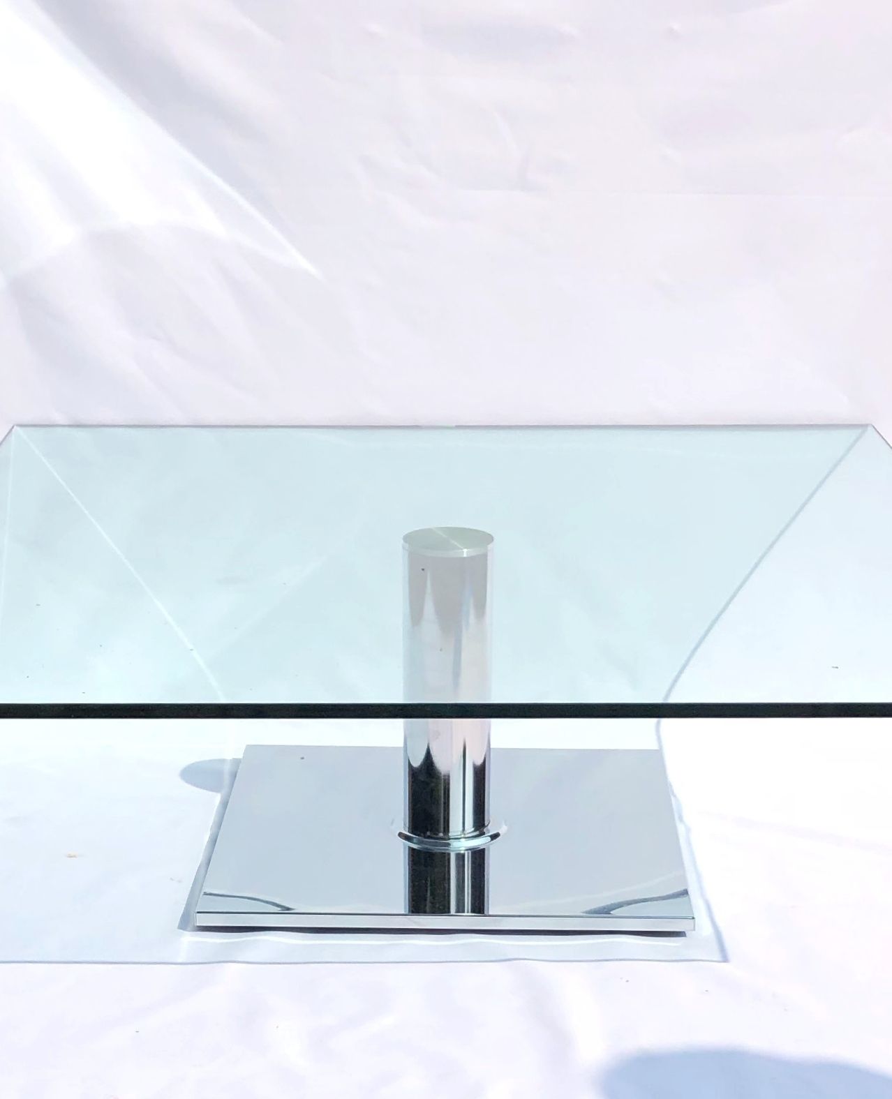 Contemporary Square Glass Coffee Table With Polished Chrome Pedestal –  Modern Design 90cm photo vintage