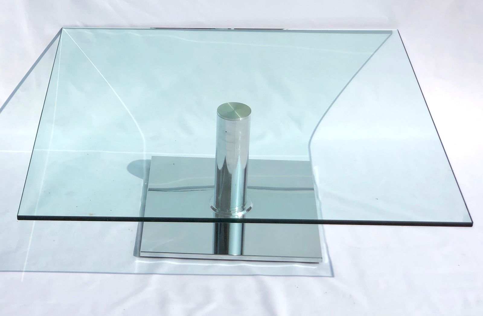 Furniture Contemporary Square Glass Coffee Table With Polished Chrome Pedestal –  Modern Design 90cm photo