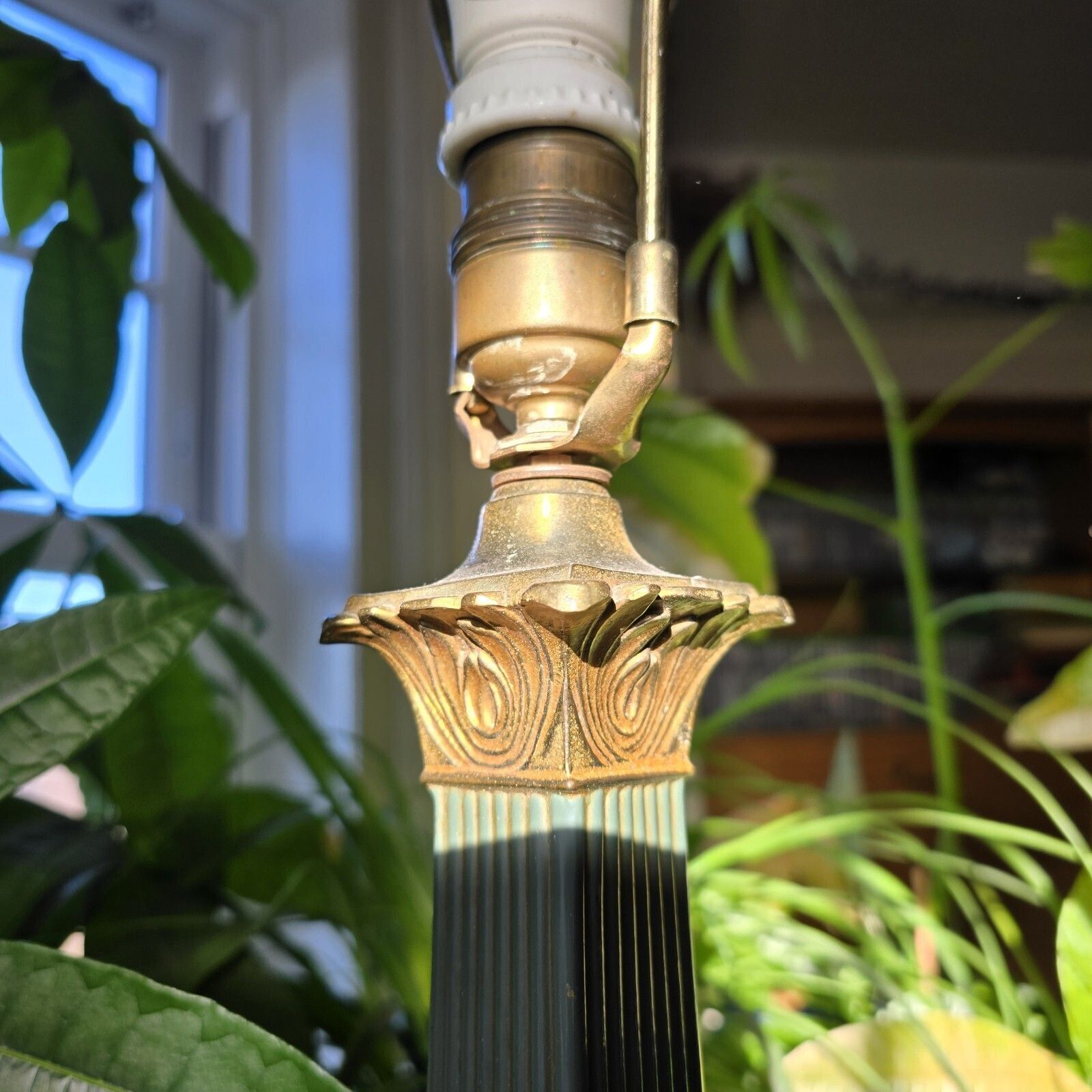 Antique French Table Lamp 19th Century Empire Column Ornate Green Gold Rare photo 235.0