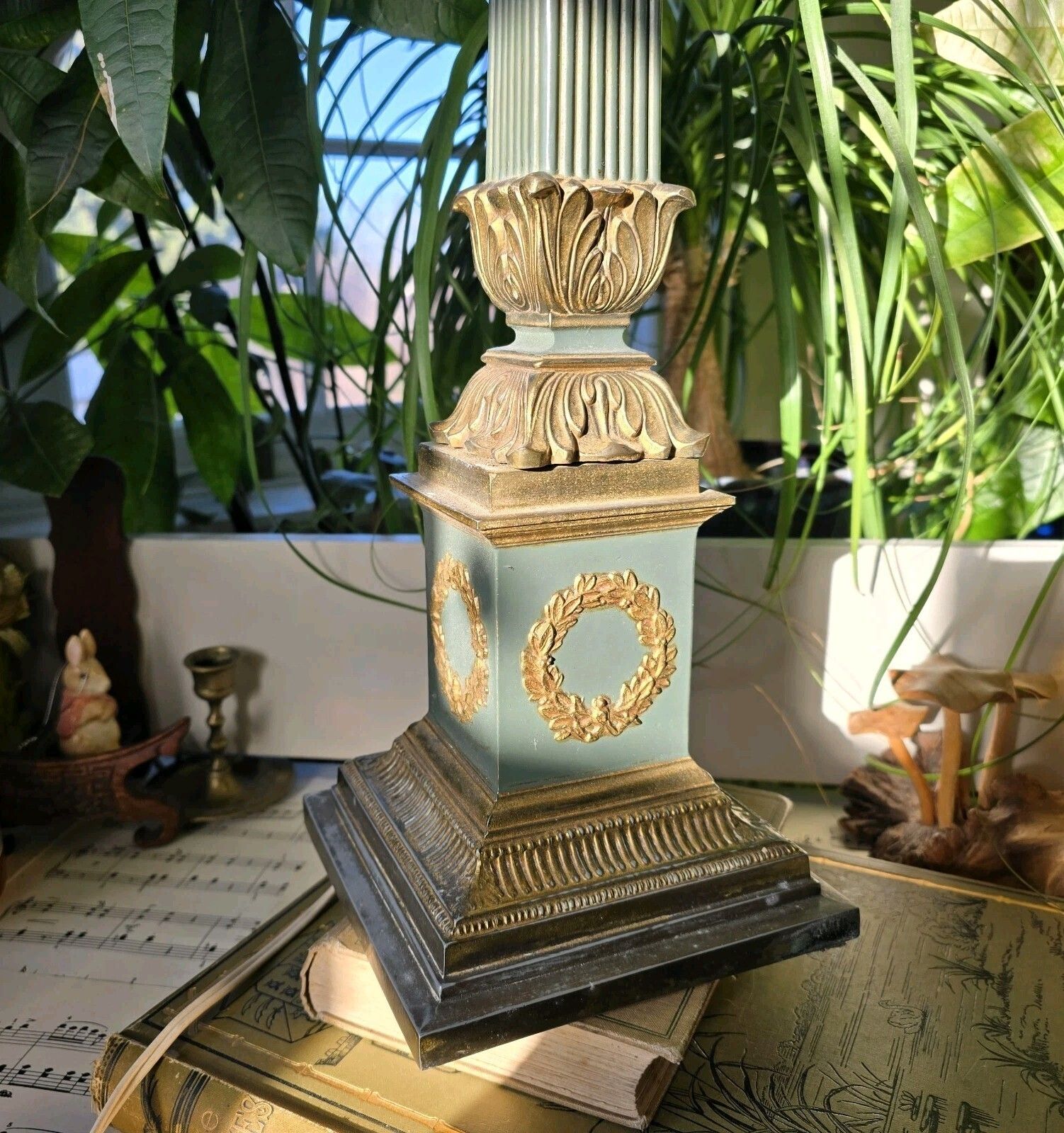 Antique French Table Lamp 19th Century Empire Column Ornate Green Gold Rare photo vinterior