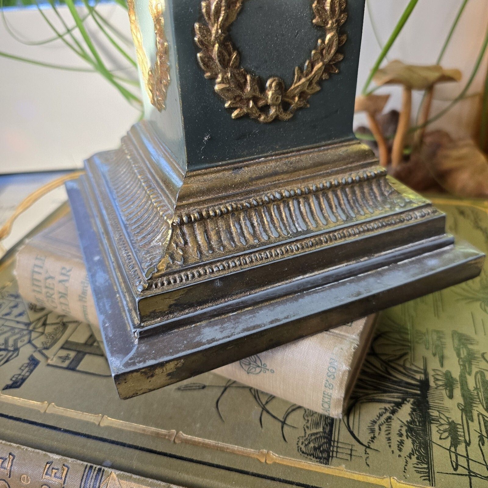 Antique French Table Lamp 19th Century Empire Column Ornate Green Gold Rare photo vintage