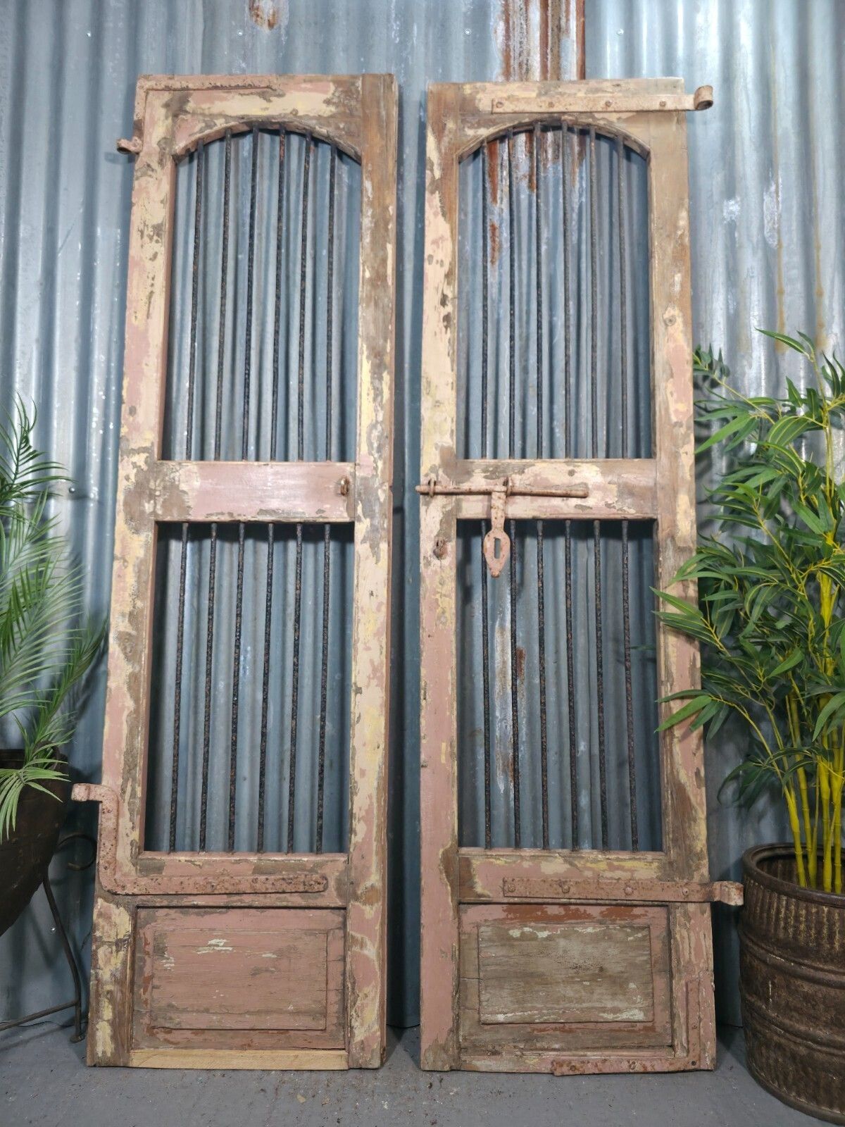 Pair Vintage Rustic Indian Wooden Iron Doors Garden Gates Room Divider Screen photo buy