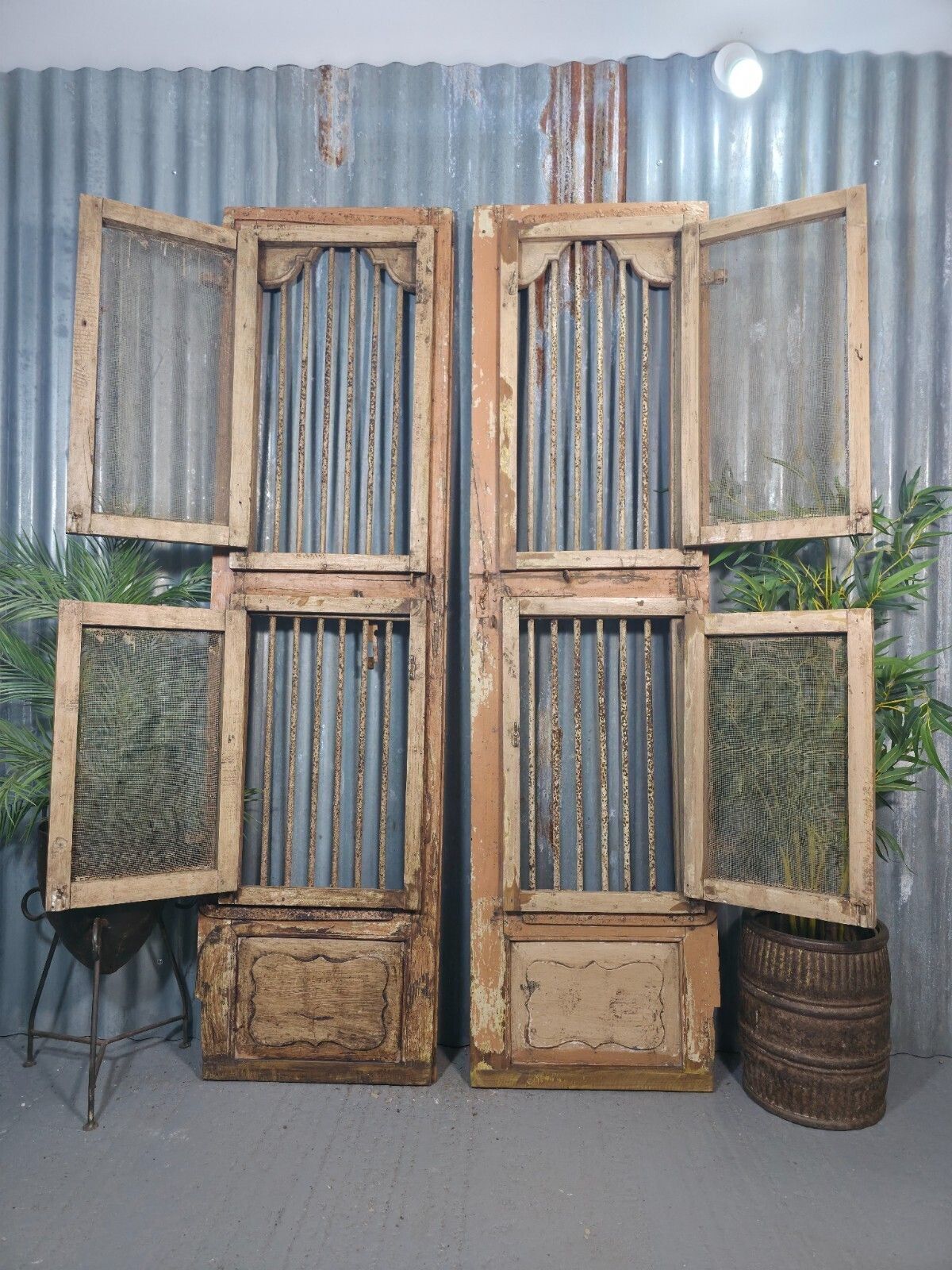 Home Fixtures Pair Vintage Rustic Indian Wooden Iron Doors Garden Gates Room Divider Screen photo