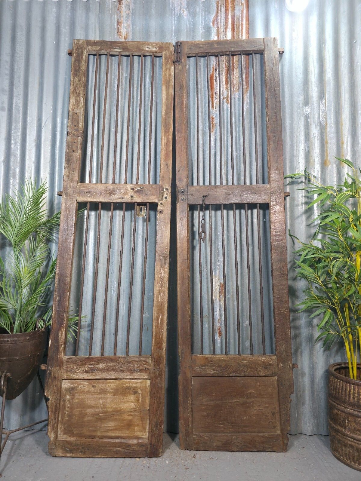 Pair Vintage Rustic Indian Wooden Iron Doors Garden Gates Room Divider Screen photo vintage