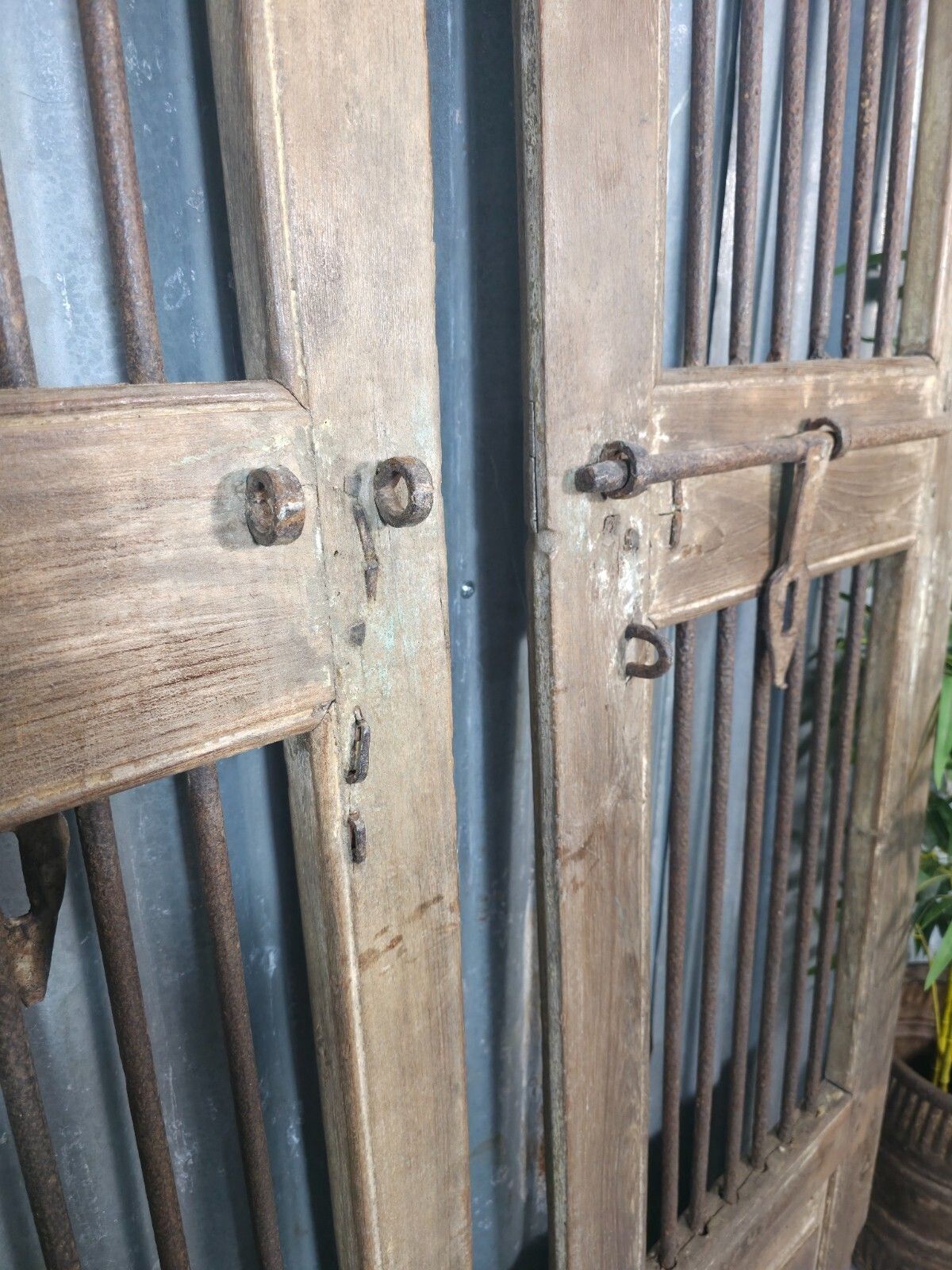 Home Fixtures Pair Vintage Rustic Indian Wooden Iron Doors Garden Gates Room Divider Screen photo
