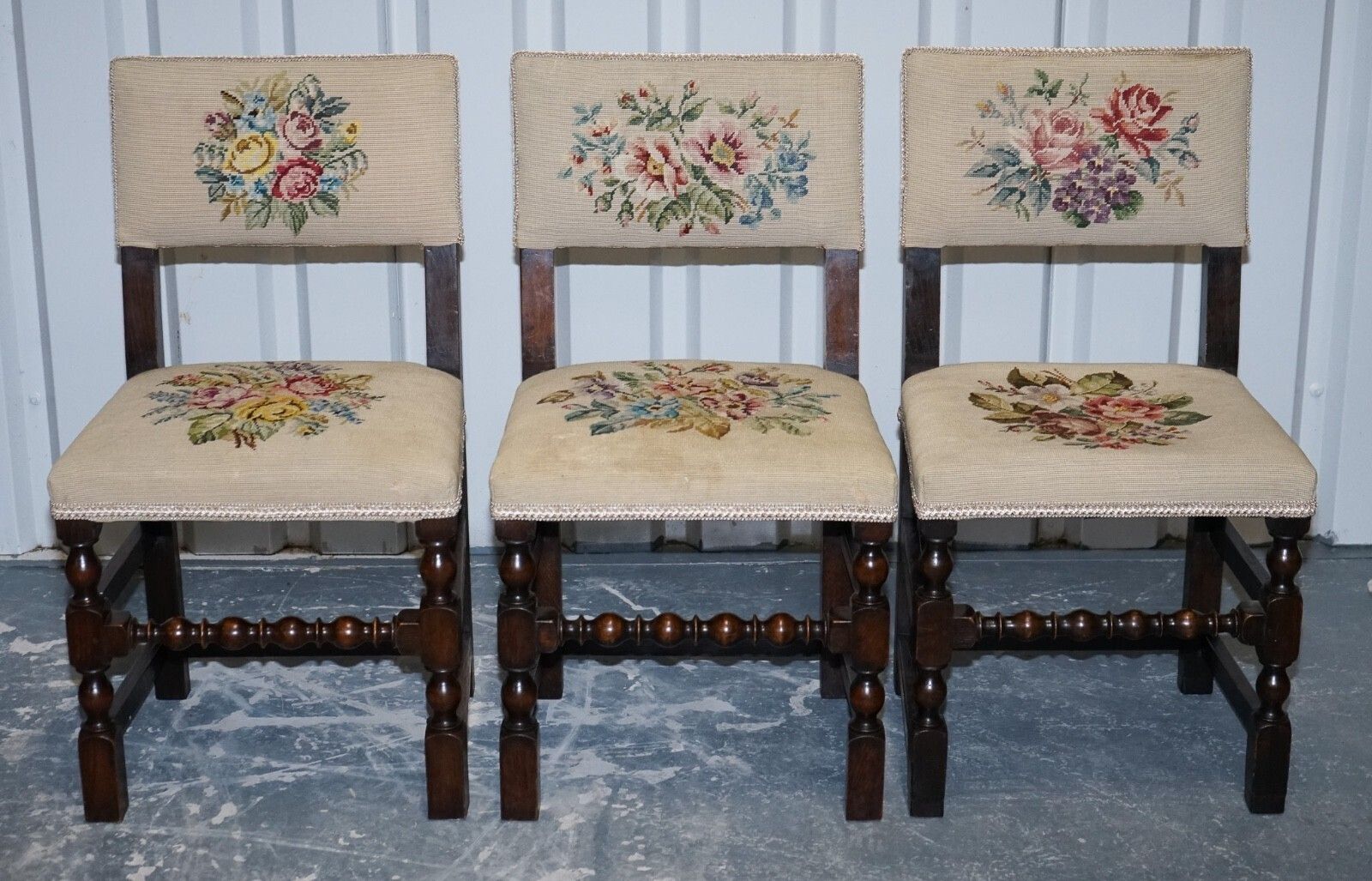 English Victorian Set Of Six Original Floral Tapestry Upholstery Dinning Chairs photo vintage