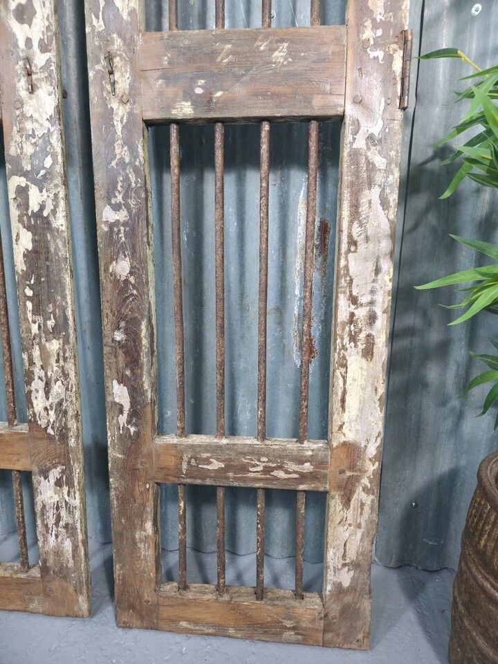 Pair Vintage Rustic Indian Wooden Iron Doors Garden Gates Room Divider Screen photo vintage