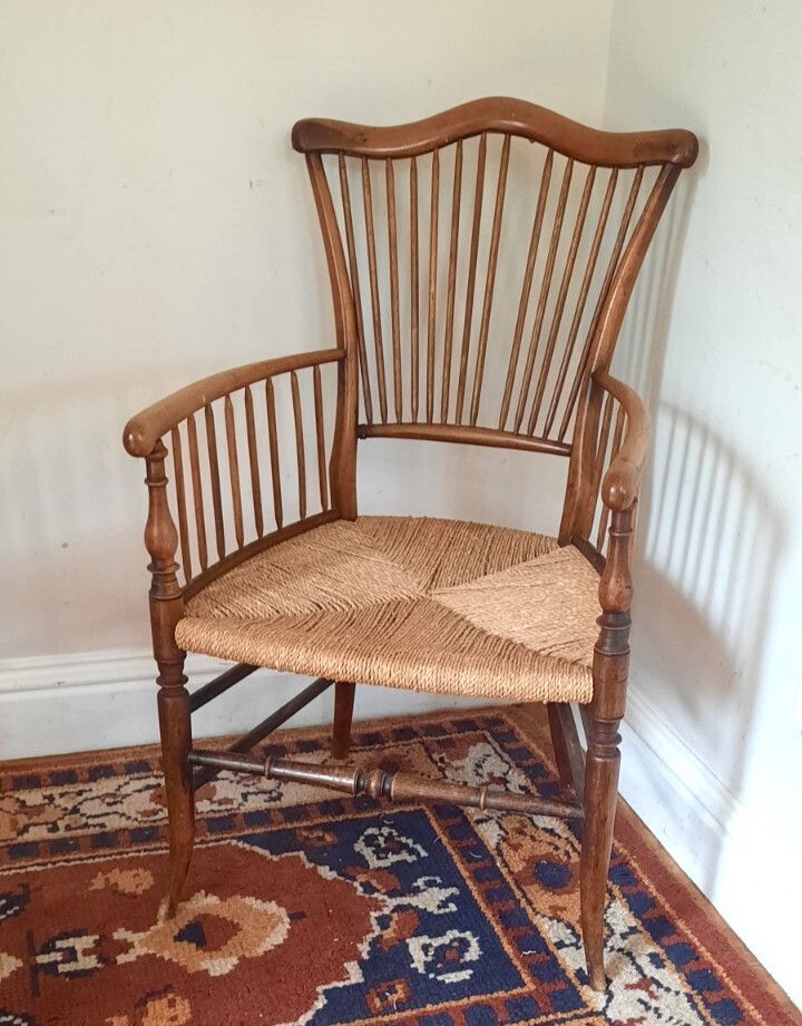 8th Or 19th Century Antique Spindle Back Rush Seat Elbow Chair Arts And Crafts photo furniture