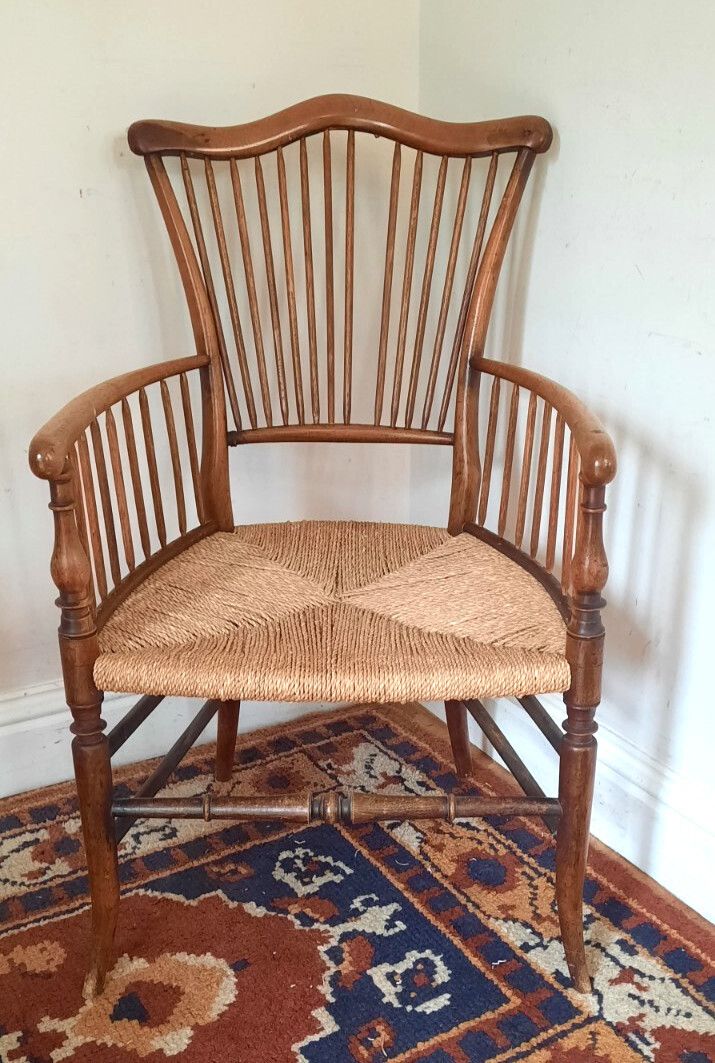 8th Or 19th Century Antique Spindle Back Rush Seat Elbow Chair Arts And Crafts photo for sale