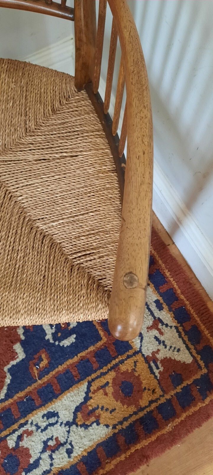 235.0 8th Or 19th Century Antique Spindle Back Rush Seat Elbow Chair Arts And Crafts photo