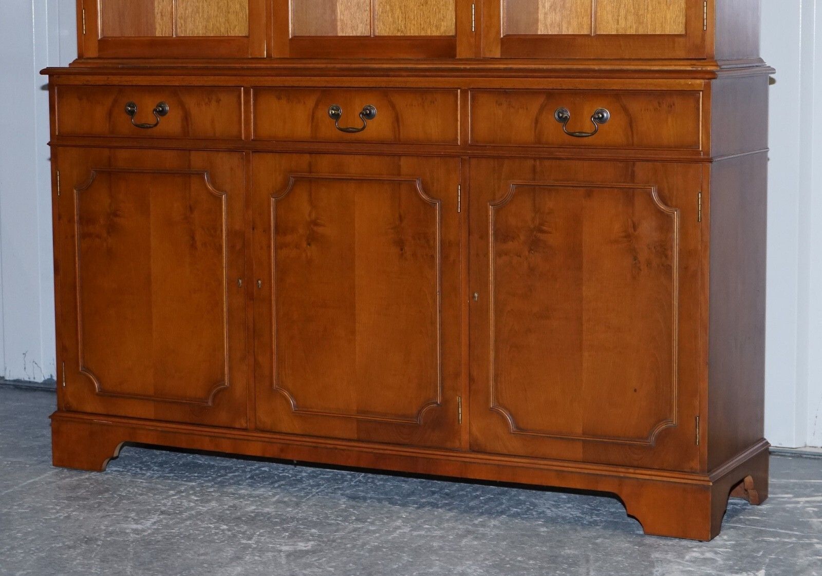 Vintage English Burr Yew Wood 3 Door Glazed Display Bookcase Cabinet photo Furniture
