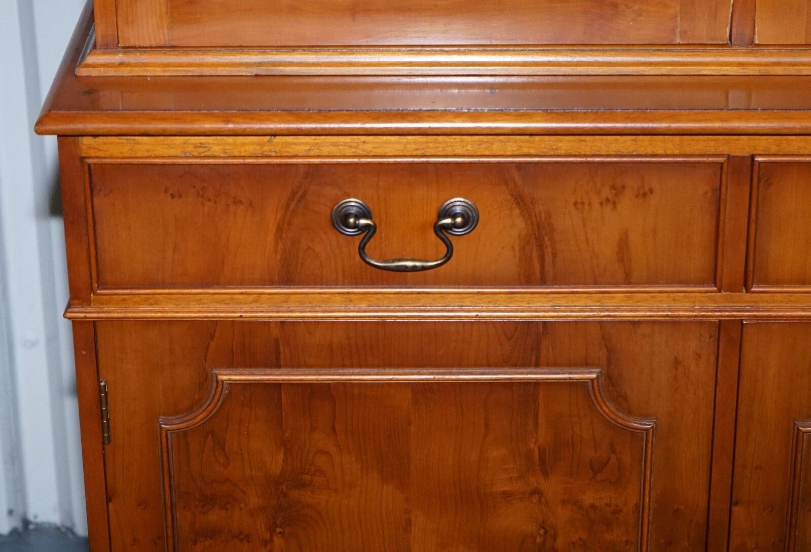 photo for sale Vintage English Burr Yew Wood 3 Door Glazed Display Bookcase Cabinet