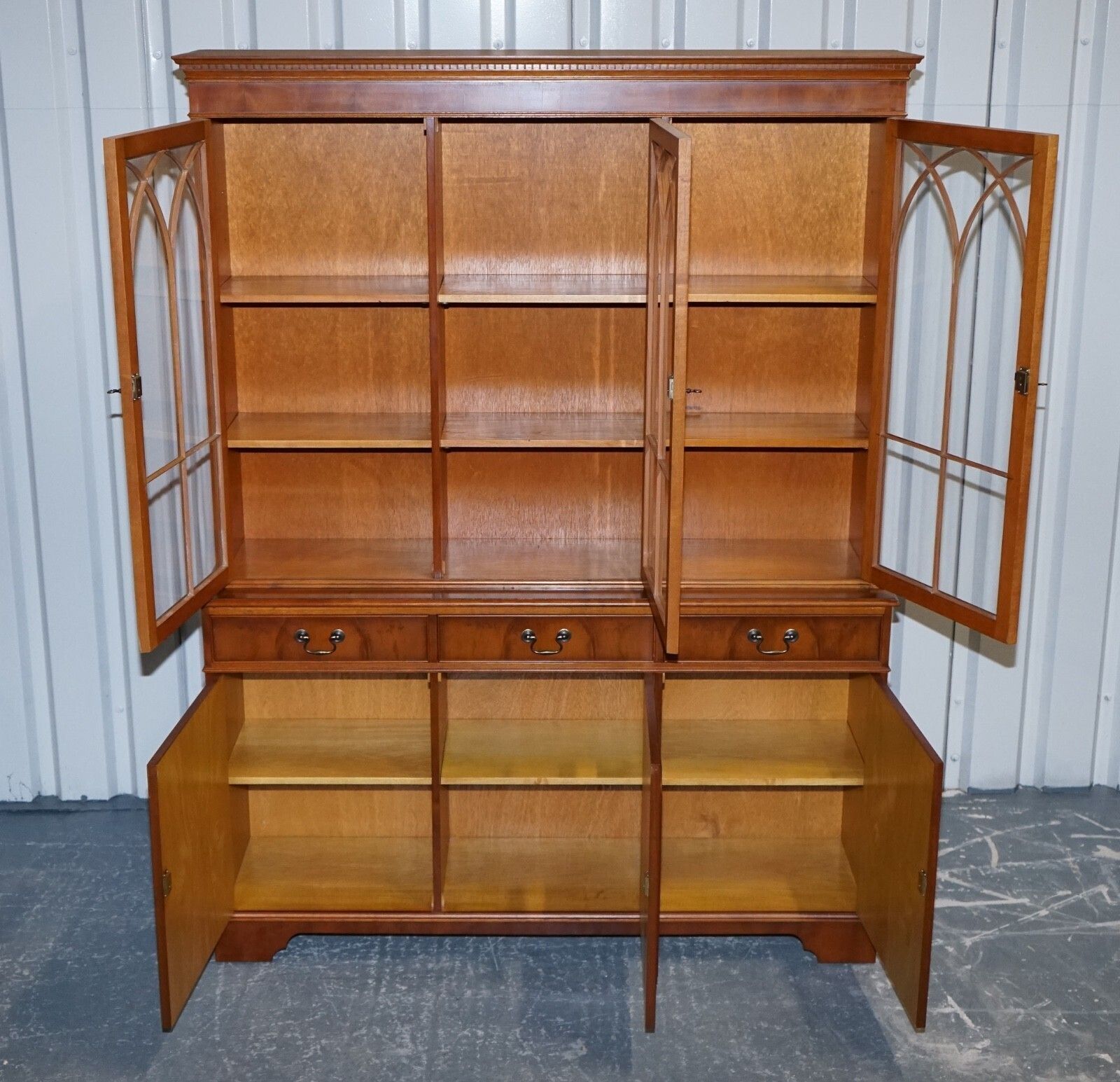 Furniture Vintage English Burr Yew Wood 3 Door Glazed Display Bookcase Cabinet photo