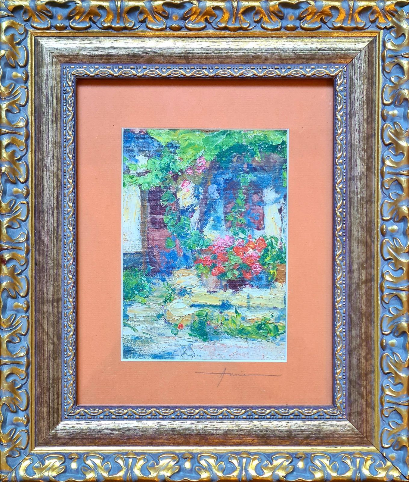 The Geraniums Impressionist Oil Painting On Board, Late 20th Century photo furniture