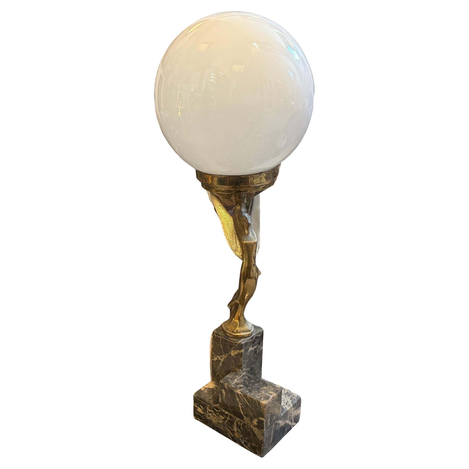 1930s Art Deco Black Marble, Gilded Metal And Milk Glass Italian Table Lamp