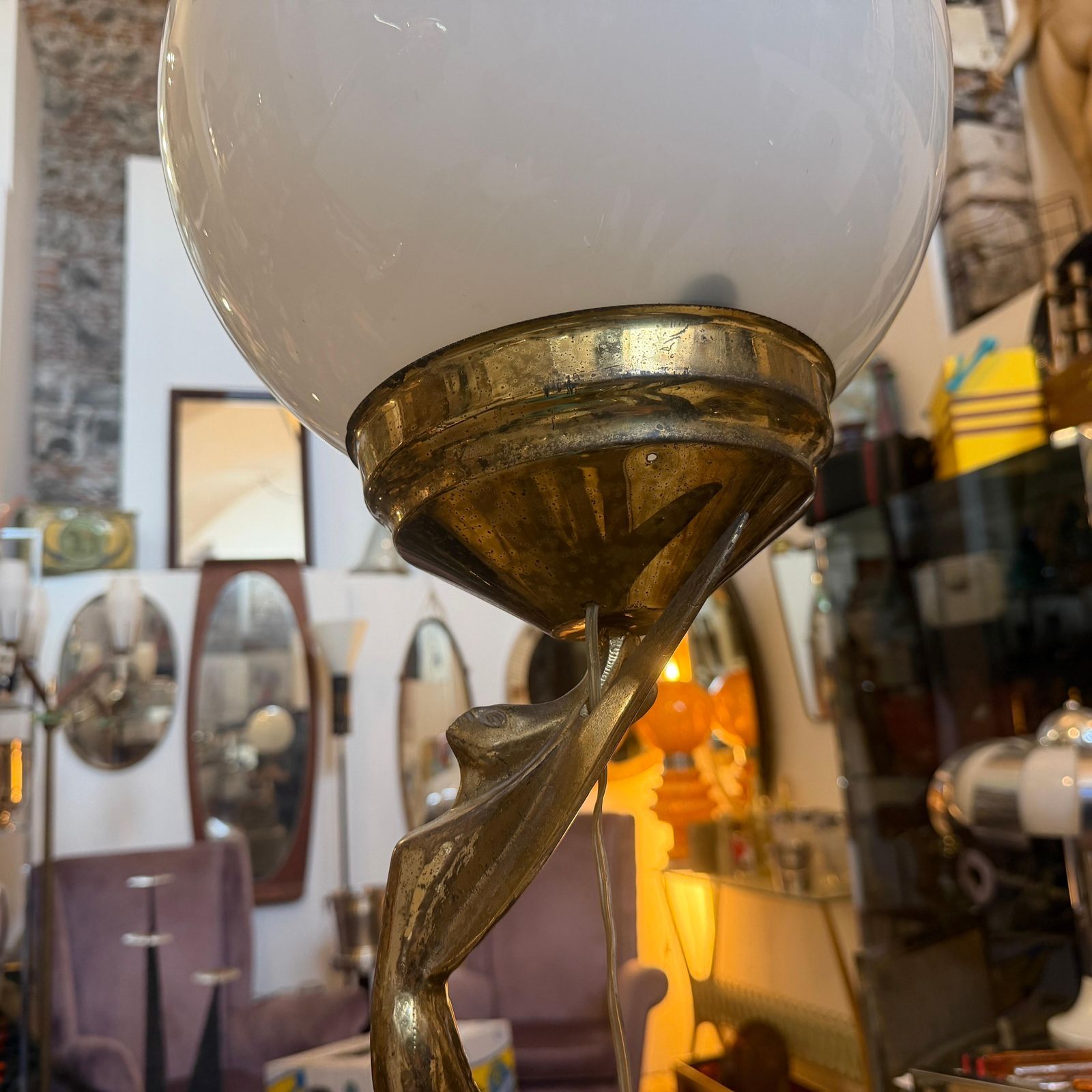 1930s Art Deco Black Marble, Gilded Metal And Milk Glass Italian Table Lamp photo for sale