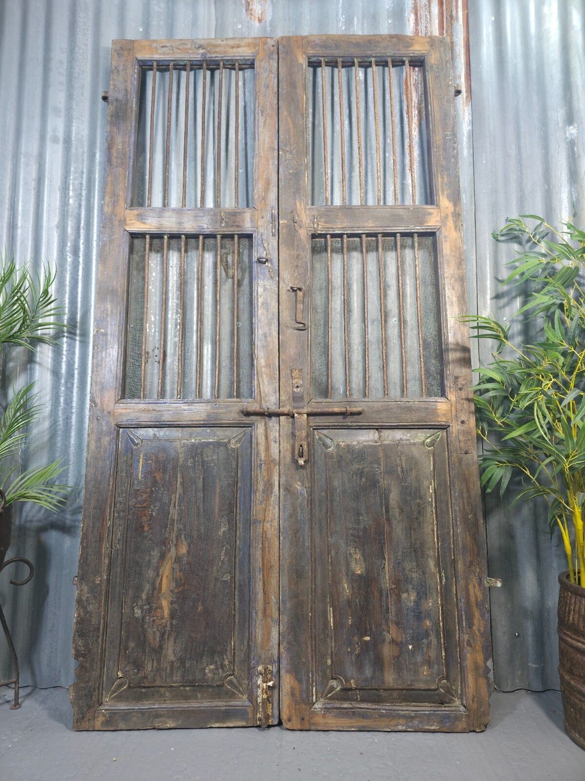 Pair Vintage Rustic Indian Wooden Iron Doors Garden Gates Room Divider Screen photo furniture