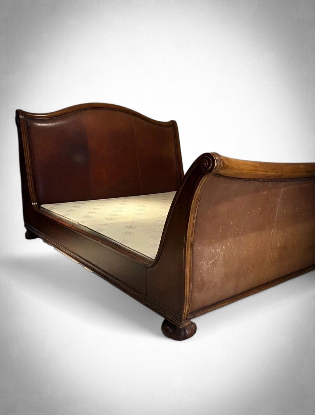 A Monumental Ralph Lauren Henredon Super King Palais Alfresco Leather Sleigh Bed.