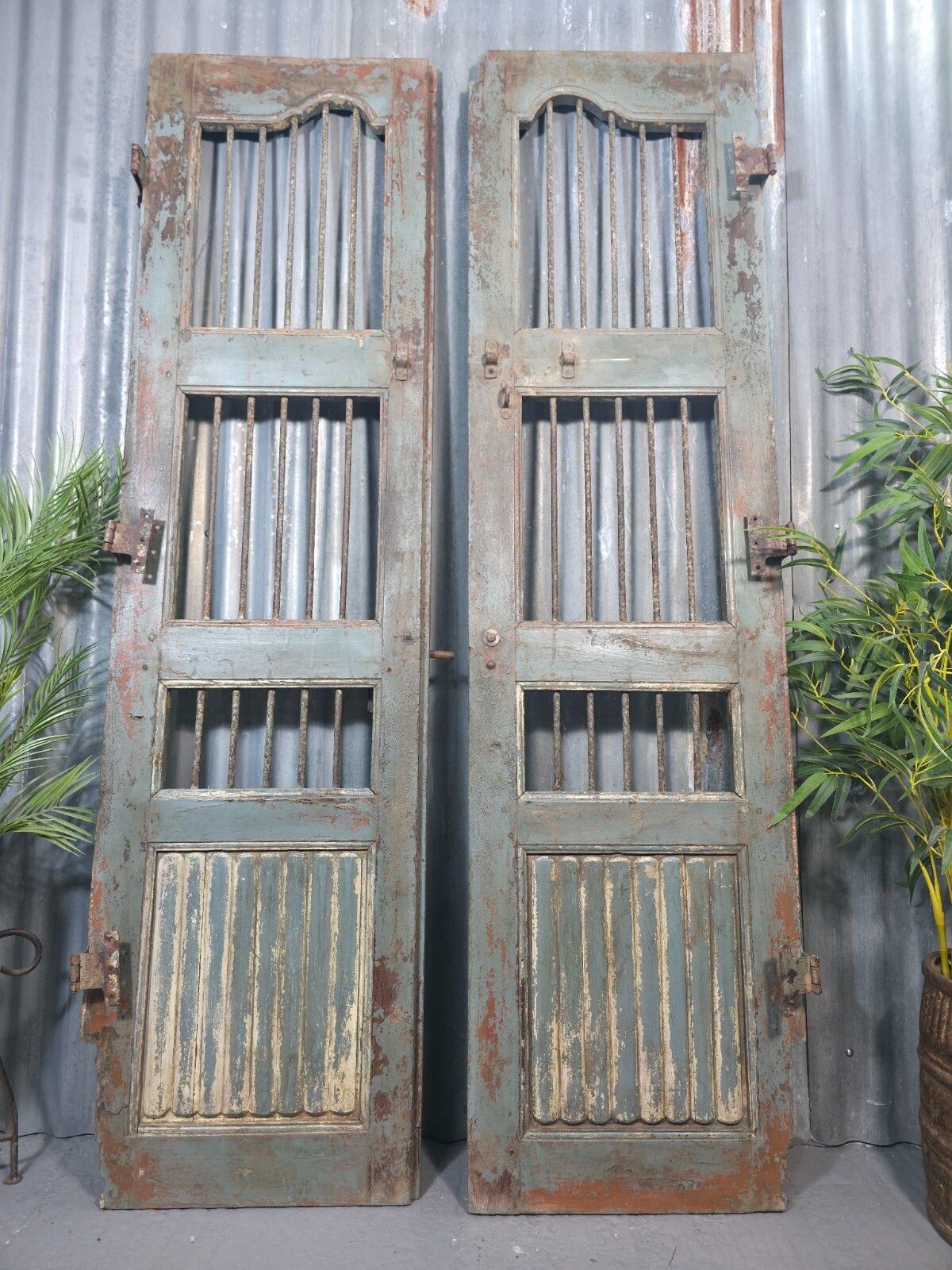 Pair Vintage Rustic Indian Wooden Iron Doors Garden Gates Room Divider Screen photo furniture
