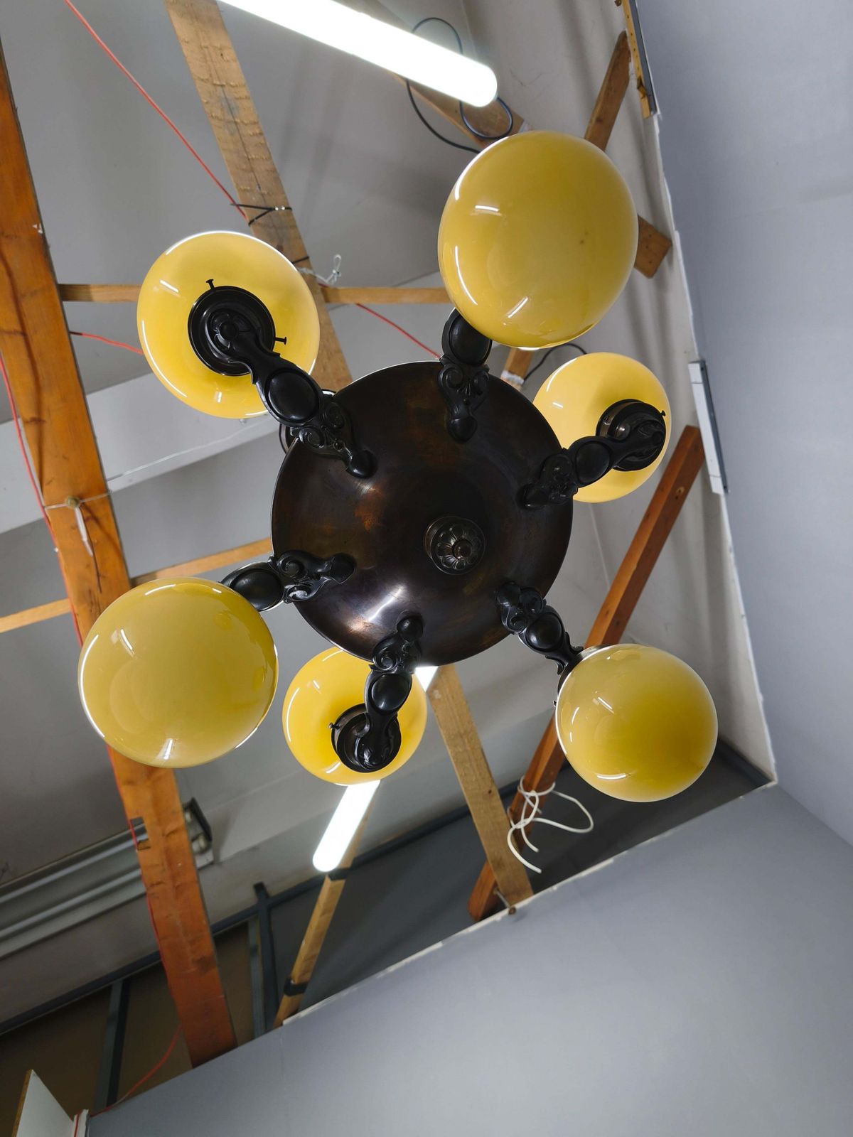 Art Deco Czech Brass Chandelier With Cream Glass, 1920s photo for sale