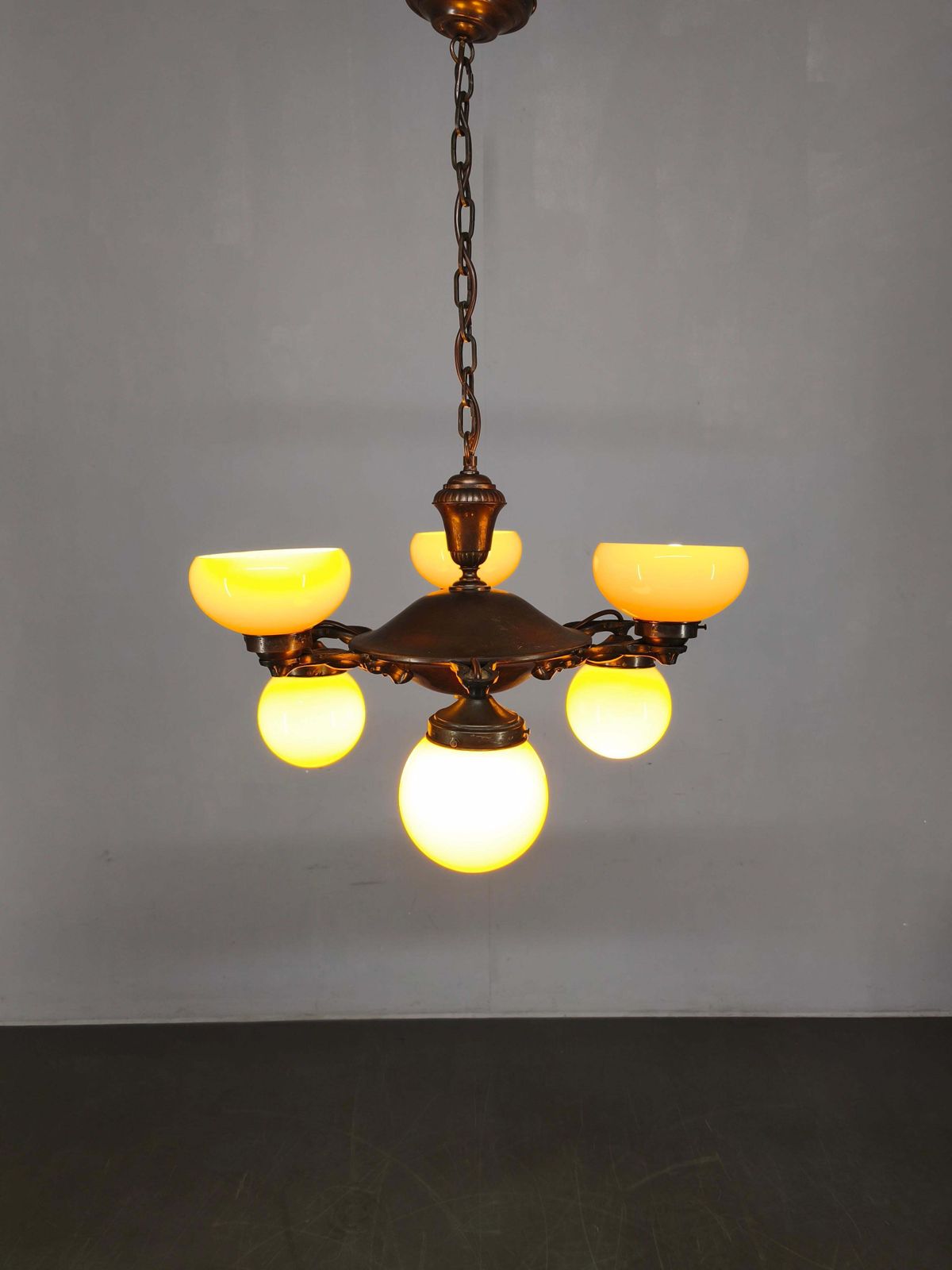Art Deco Czech Brass Chandelier With Cream Glass, 1920s photo Lighting