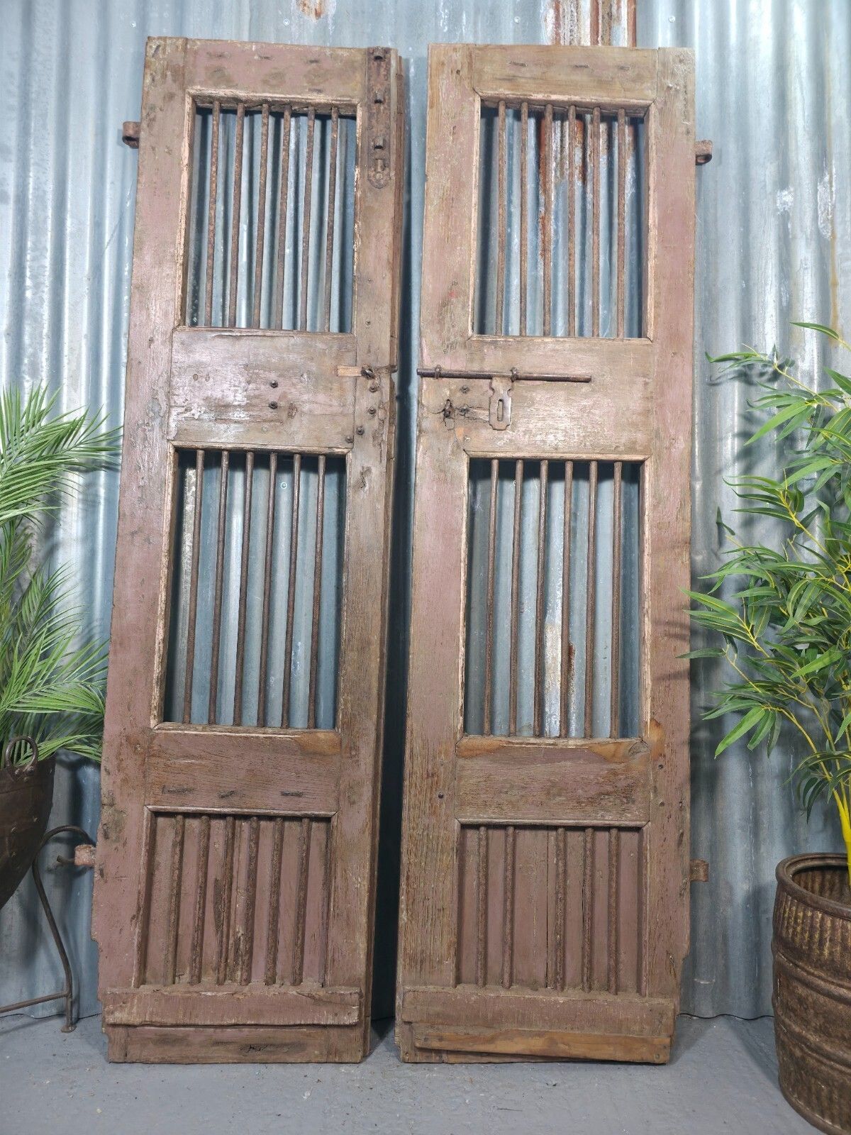 Pair Vintage Rustic Indian Wooden Iron Doors Garden Gates Room Divider Screen photo buy