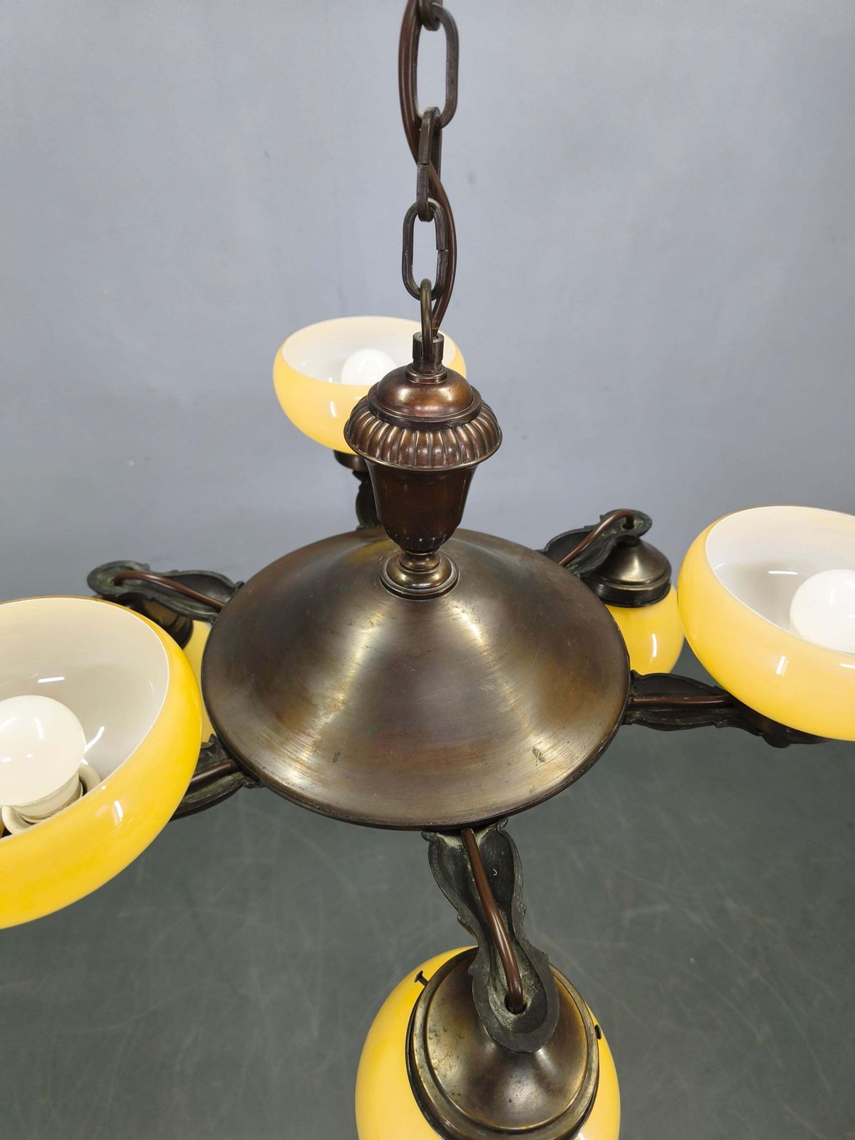 photo vinterior Art Deco Czech Brass Chandelier With Cream Glass, 1920s