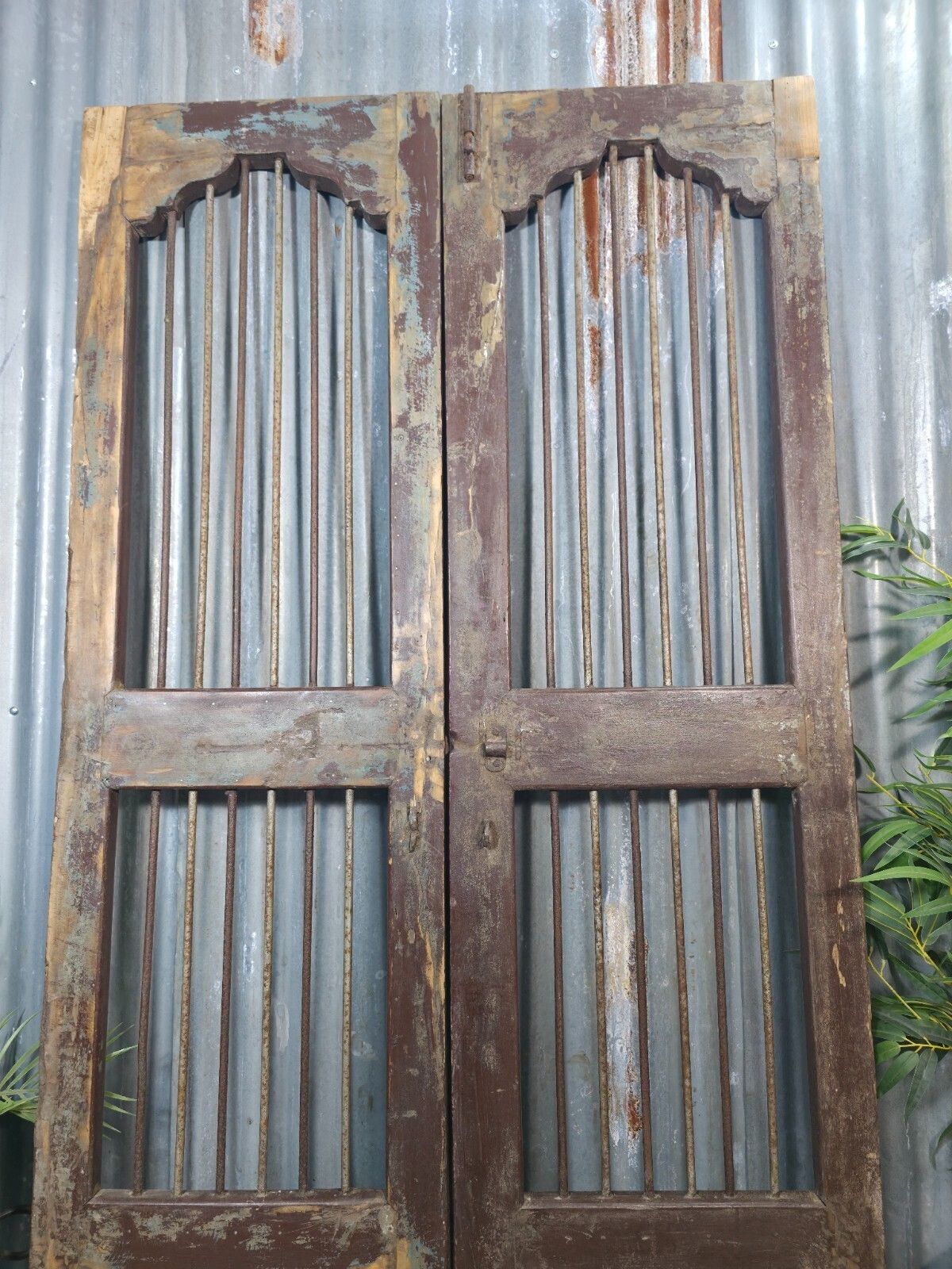 Pair Vintage Rustic Indian Wooden Iron Doors Garden Gates Room Divider Screen photo Home Fixtures
