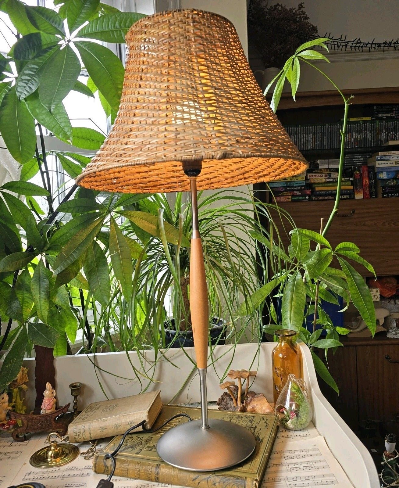 Vintage Tall Table Lamp Wood Chrome Wicker Shade Tall 76 Cm Country Cottage photo furniture