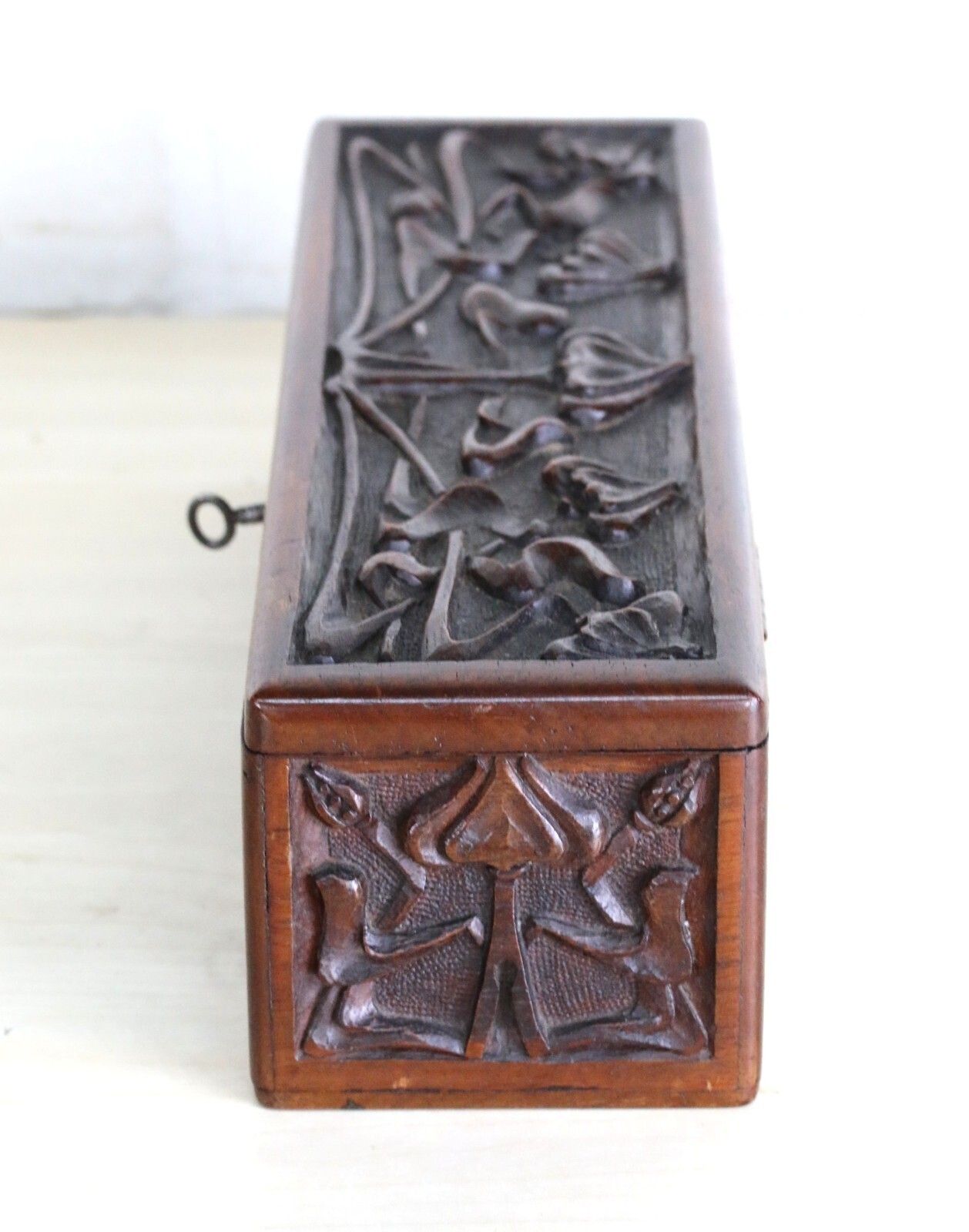 Antique Art Nouveau Carved Box Mahogany Hinged + Lock Iconic Design Original Key photo furniture