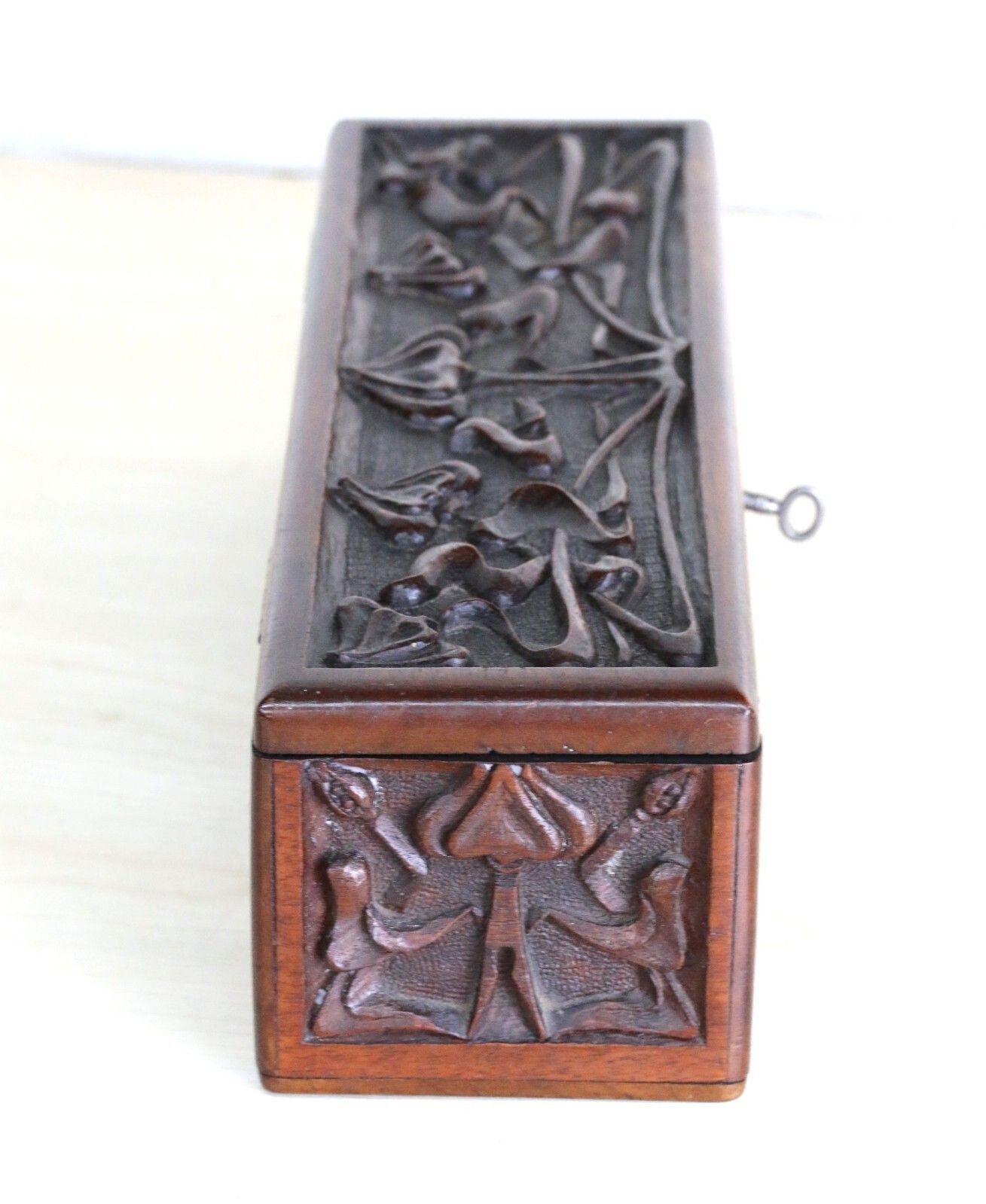 Antique Art Nouveau Carved Box Mahogany Hinged + Lock Iconic Design Original Key photo Home Decor