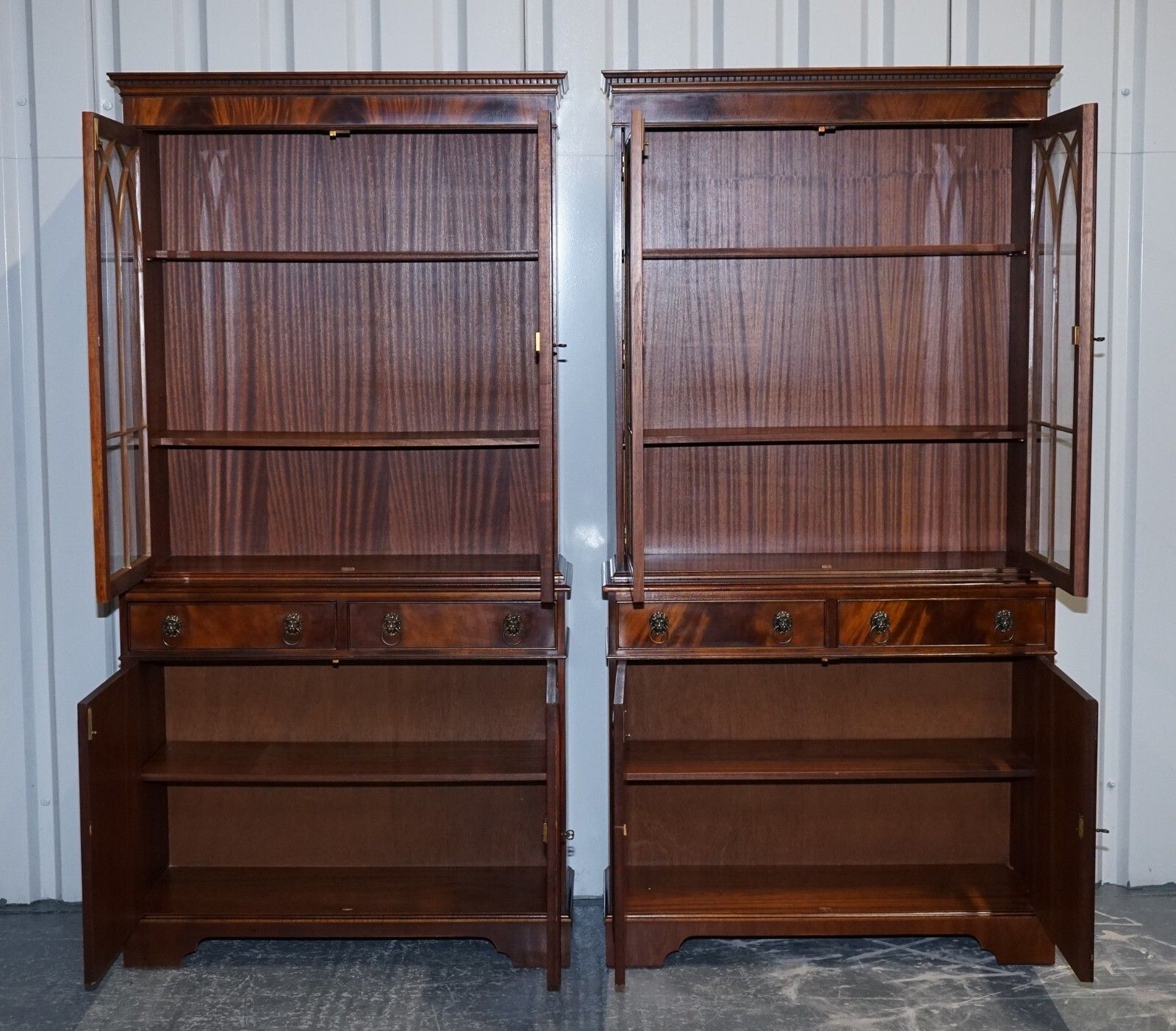 Furniture Pair Georgian Style Display Cabinets Bookcases With Brass Lion Handles photo