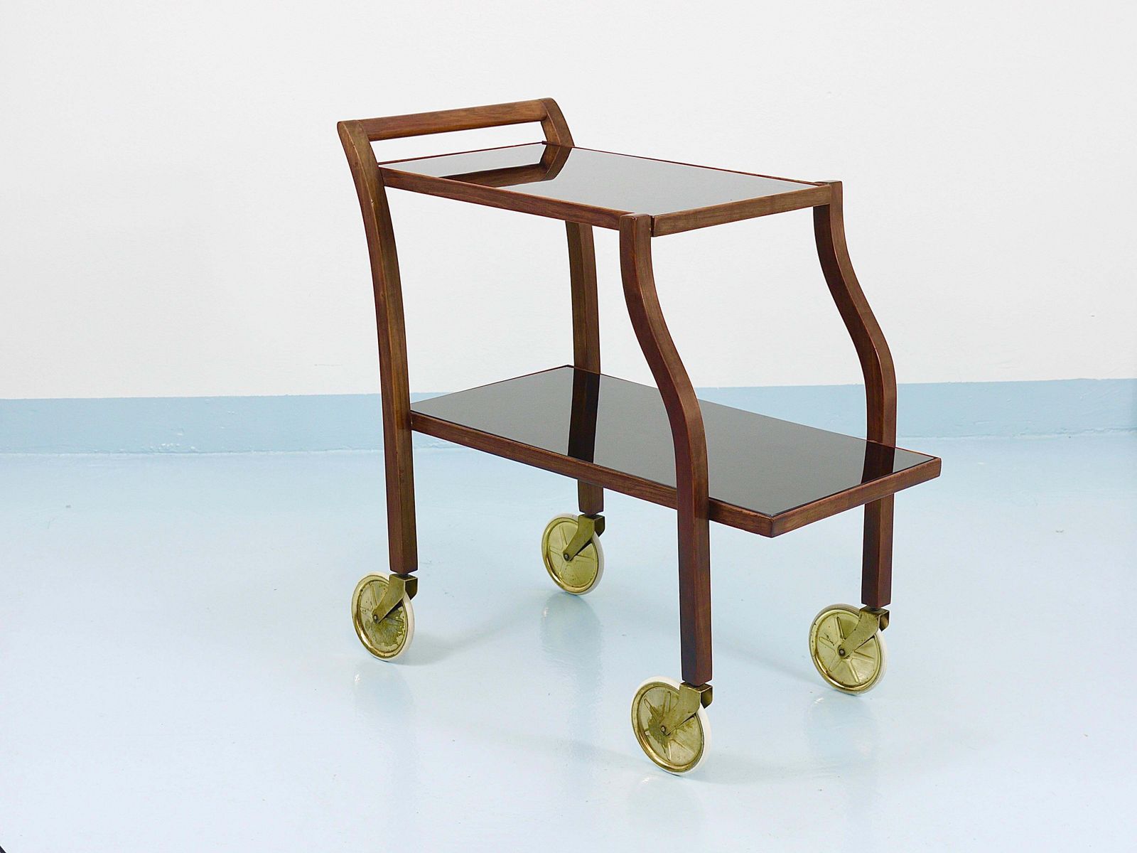 Oswald Haerdtl Curved Walnut & Glass Bar Cart, Serving Trolley, 1950s photo vintage