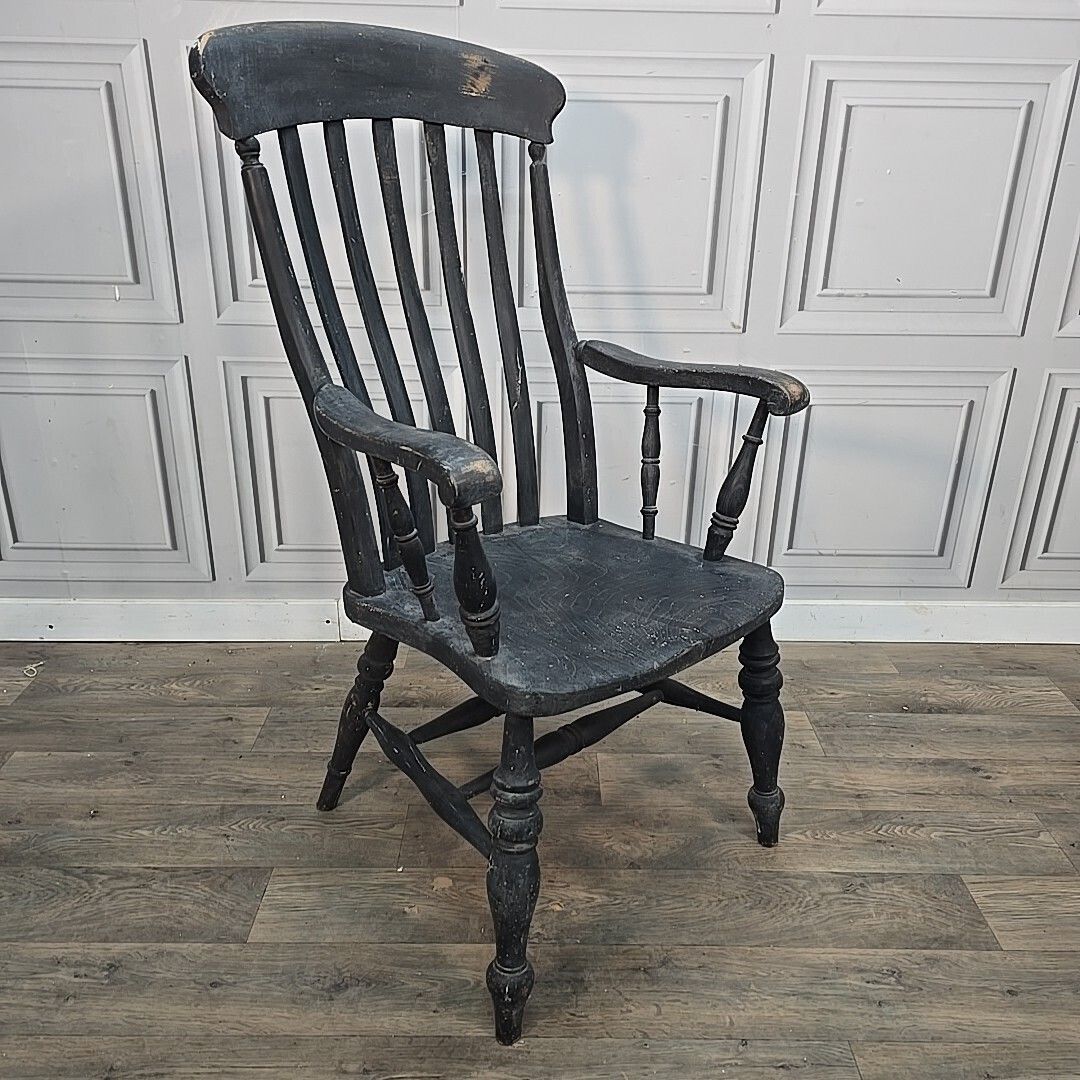 Antique Grandfather Armchair Painted Solid Wooden Lath Slat Back Windsor Chair