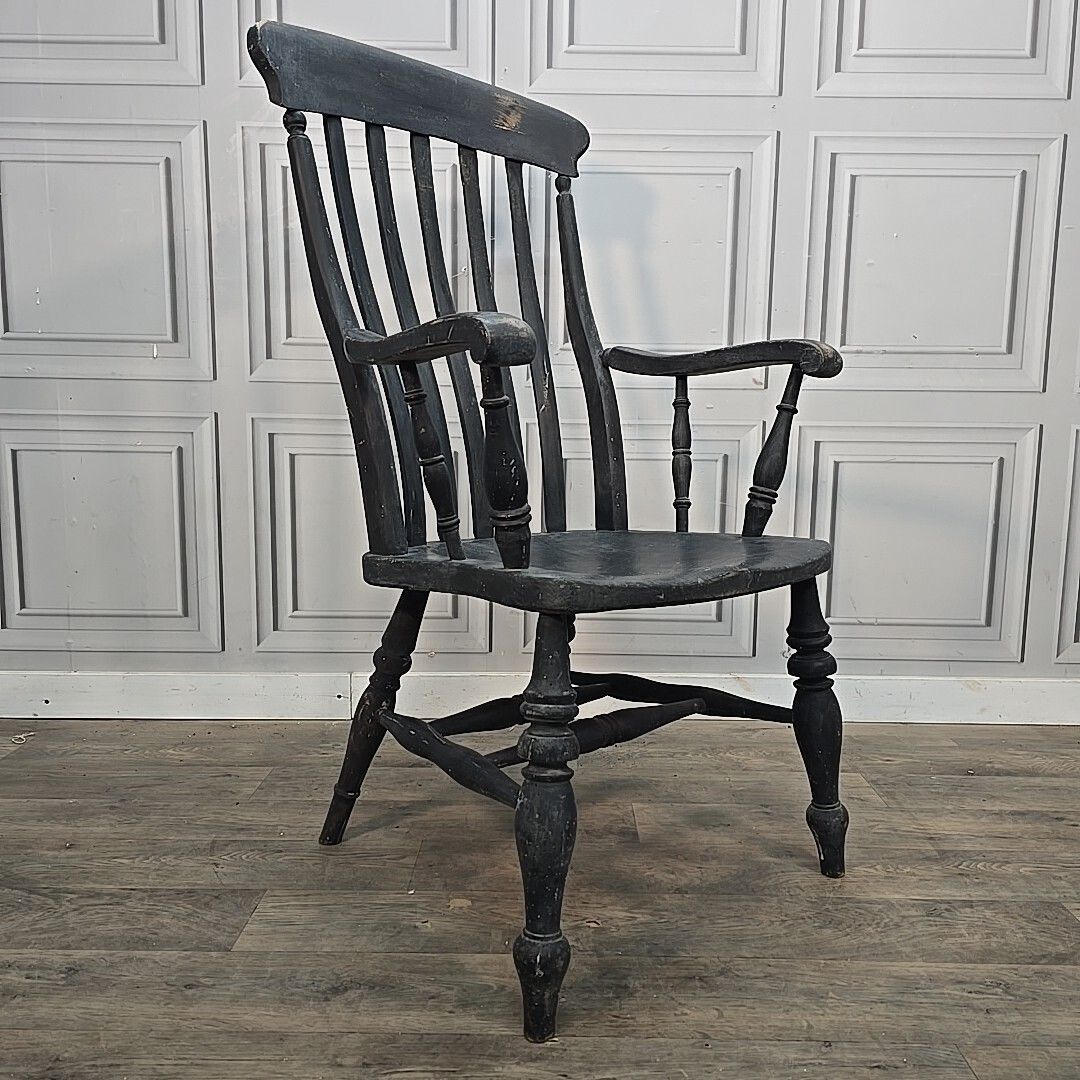 Antique Grandfather Armchair Painted Solid Wooden Lath Slat Back Windsor Chair photo furniture