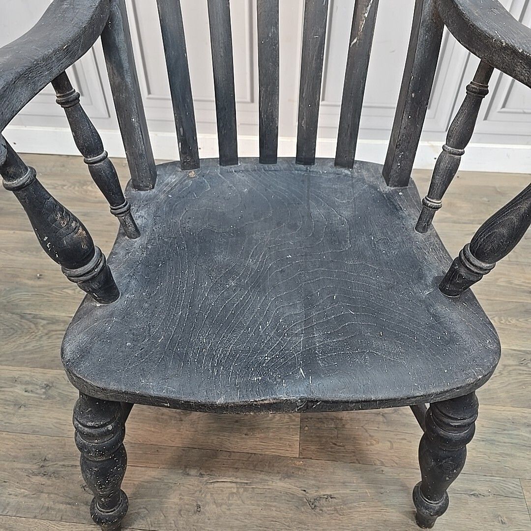 Antique Grandfather Armchair Painted Solid Wooden Lath Slat Back Windsor Chair photo vintage