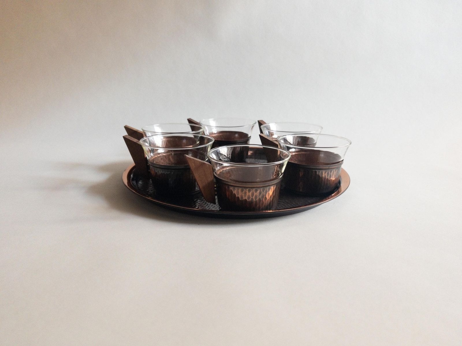 Mid Century Copper & Teak Tea Set: Glass And Copper Cups With Tray photo for sale