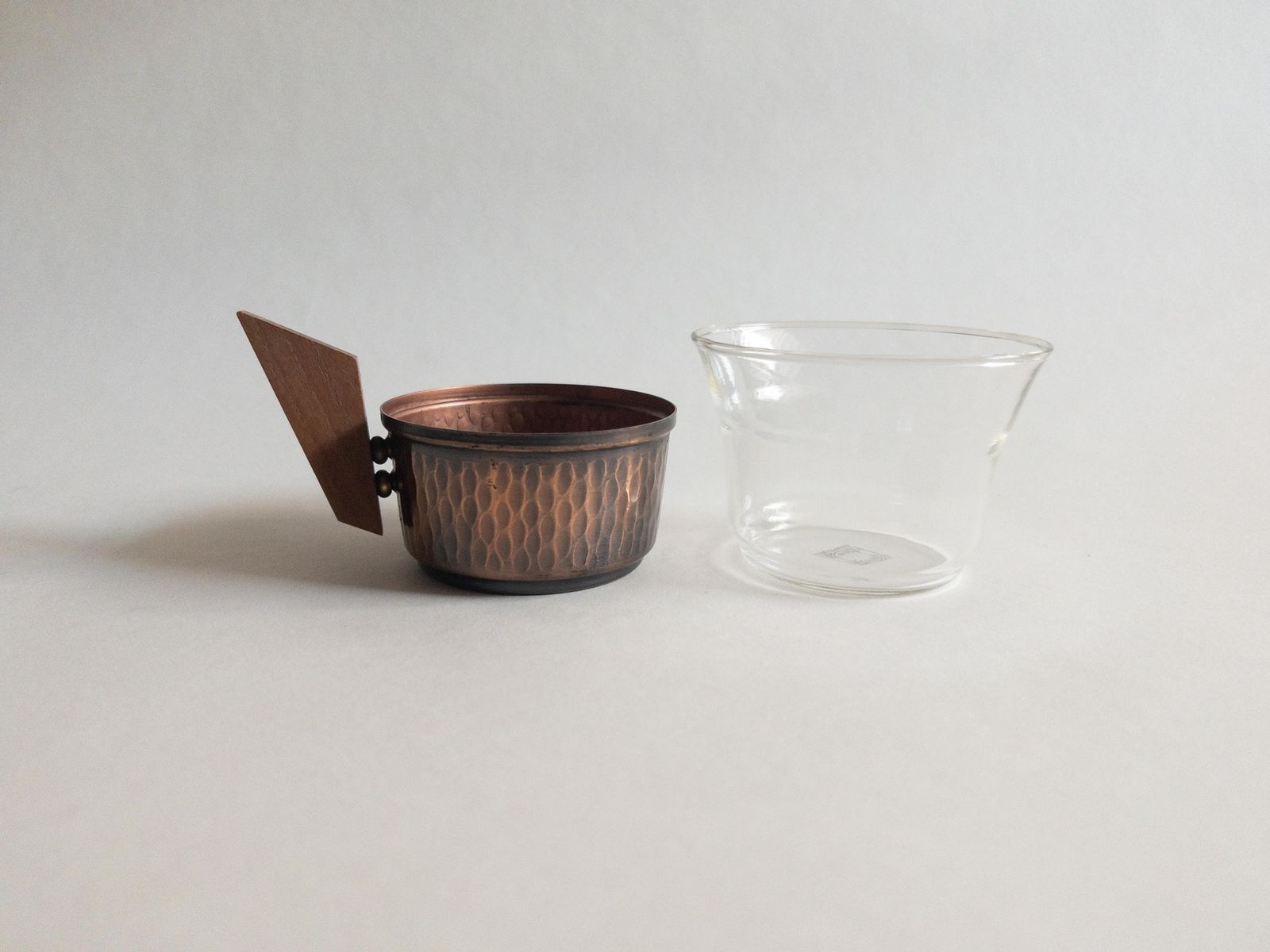 photo for sale Mid Century Copper & Teak Tea Set: Glass And Copper Cups With Tray