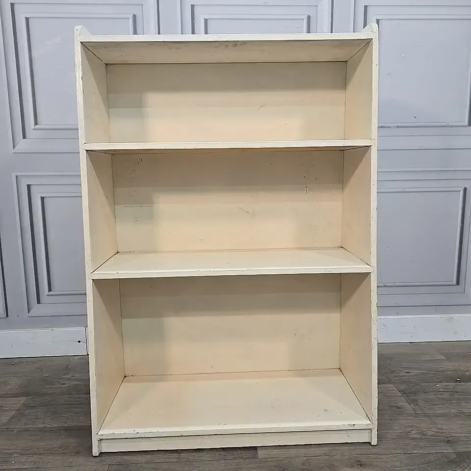 140.0 Vintage Painted Bookcase   Open Shelving Unit Plywood Utility Shelves   Retro photo