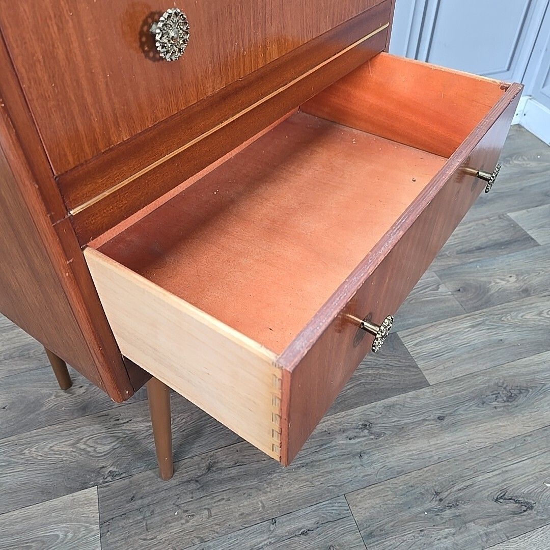 photo vinterior Retro Chest Of 2 Drawers Vintage Mid Century Modern   Teak Veneer   Atomic Legs