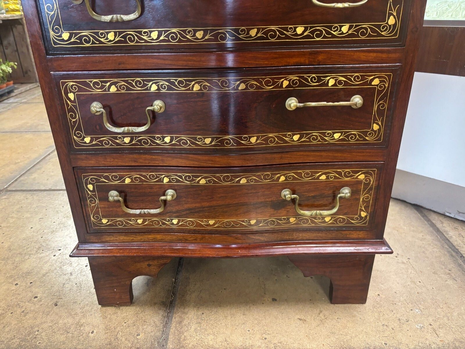 Vintage Mahogany & Brass Inlay Narrow Chest Of Five Drawers photo for sale
