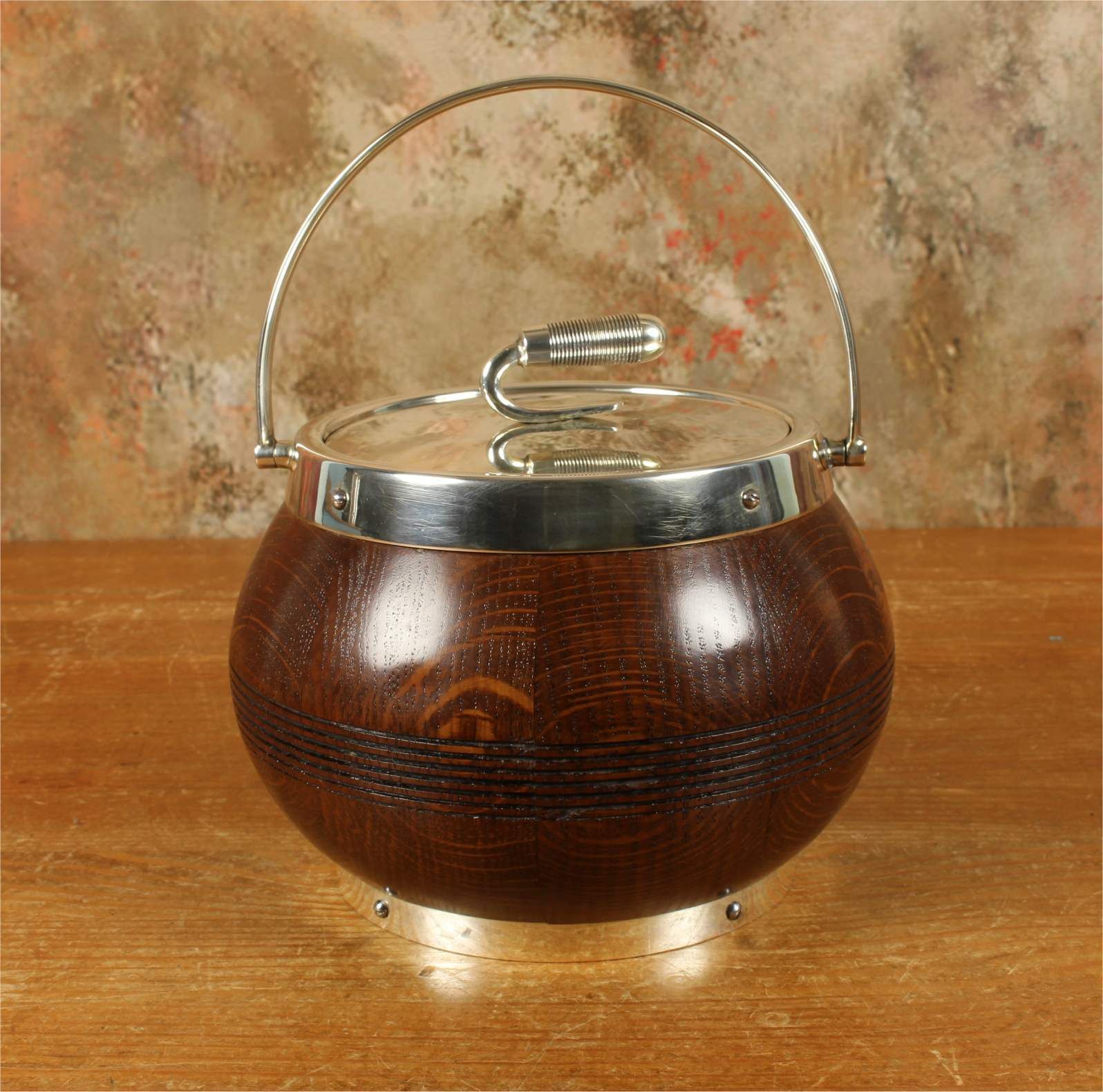 410.0 Antique Curling Stone Ice Bucket. English Oak & Silver Plate Ice Pail photo
