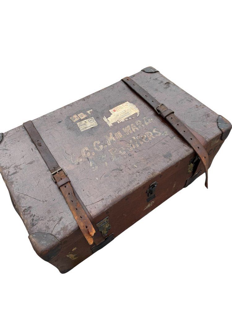 Early 20th Century Campaign Military Chest / Travel Trunk Pukka Luggage With Harrods Label photo for sale