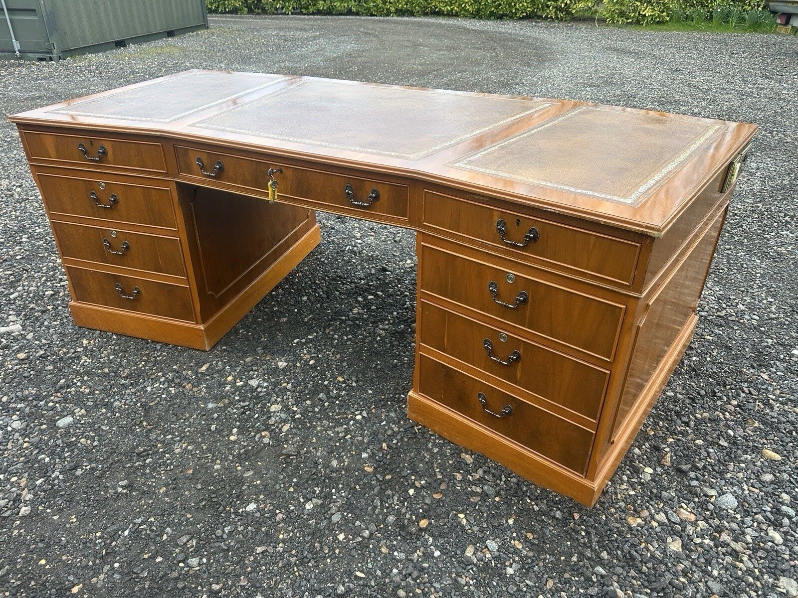 Substantial Antique Captains Banker Desk Green Leather Twin Pedestal Partner #59 photo furniture
