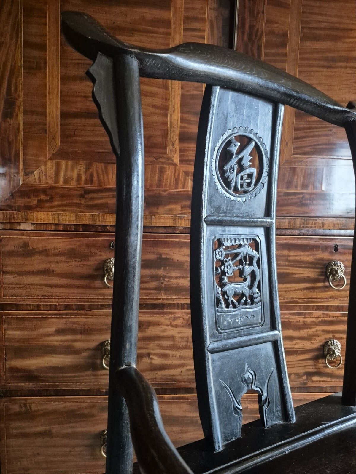 photo for sale Stunning 19th Century Chinese Elm Black Laquered Yokeback Officials Hat Armchair